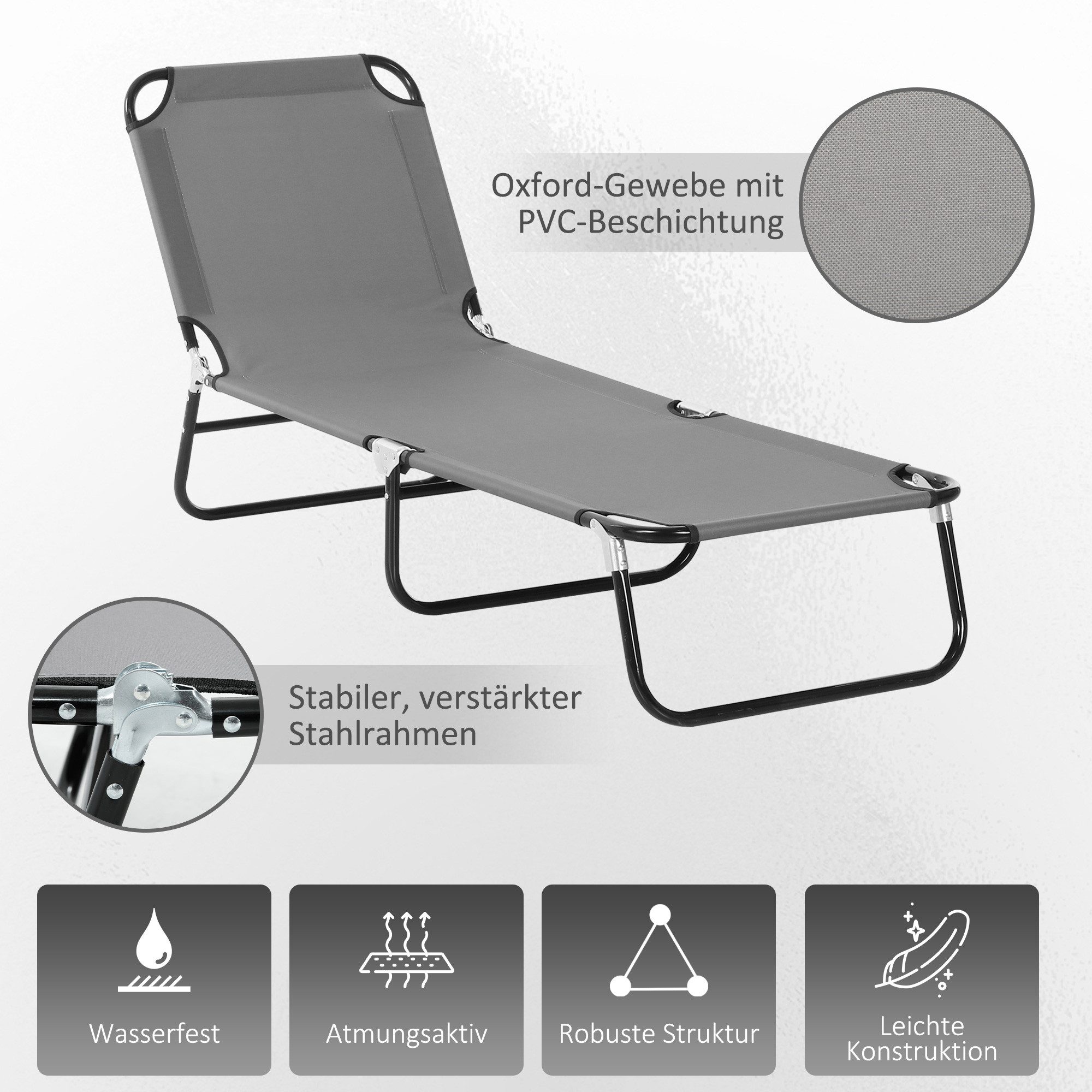 CHICFURN Gartenliege Klappbare Sonnen- und Campingliege mit verstellbarer Rückenlehne, Packung, 1 St., Belastbar bis 120 kg, Bezug aus Oxford-Gewebe in Grau, Ideal für Balkon, Terrasse und Outdoor-Bereich, leicht transportierbar