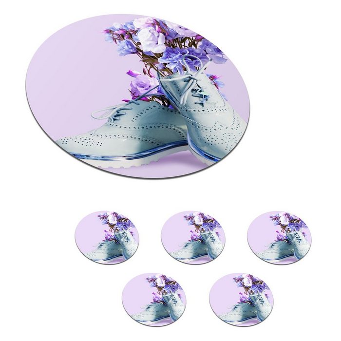 MuchoWow Glasuntersetzer Schuhe - Blumen - Lila - Blau Zubehör für Gläser 6-tlg. Getränkeuntersetzer Tassenuntersetzer Korkuntersetzer Tasse Becher