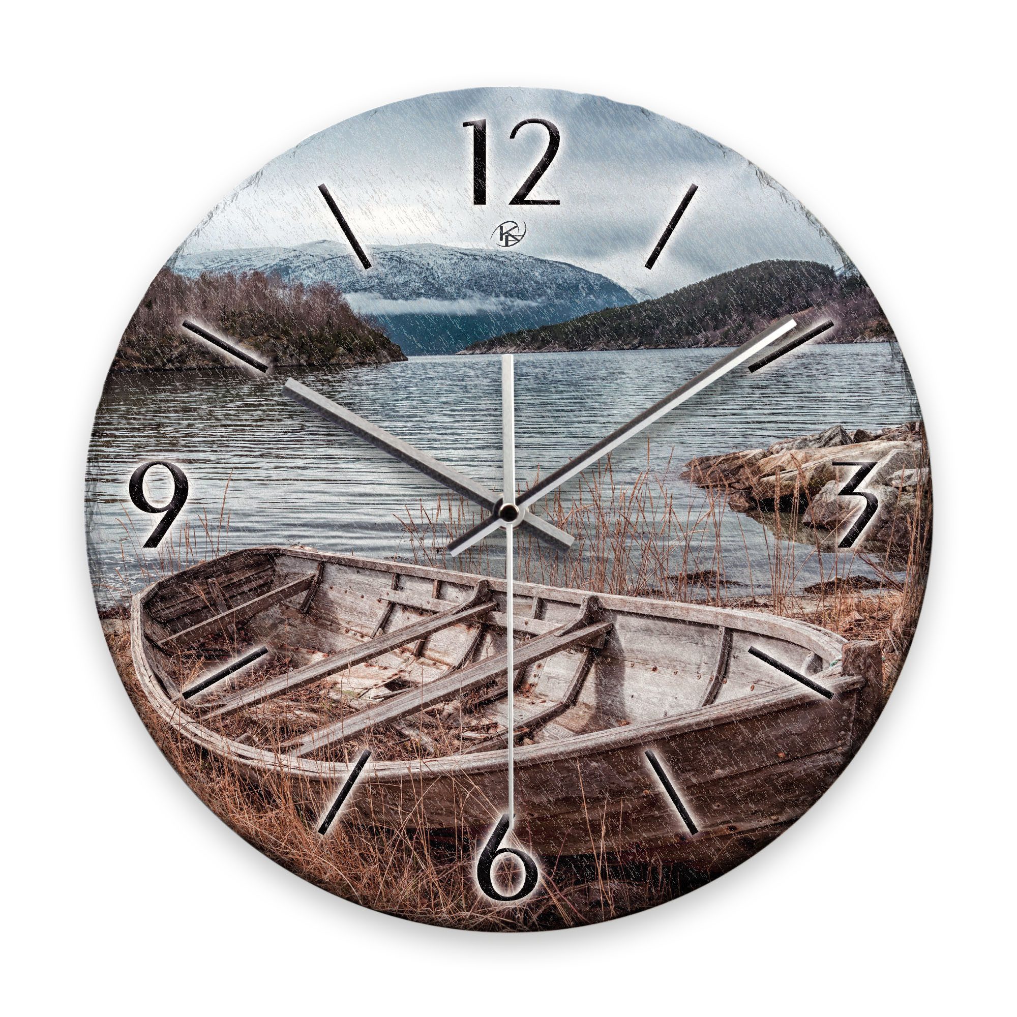 Kreative Feder Wanduhr Wanduhr „Boot“ aus Stein (Keramik) in Schiefer-Optik (ohne Ticken; Funk- oder Quarzuhrwerk; ⌀ 30cm; außergewöhnlich)