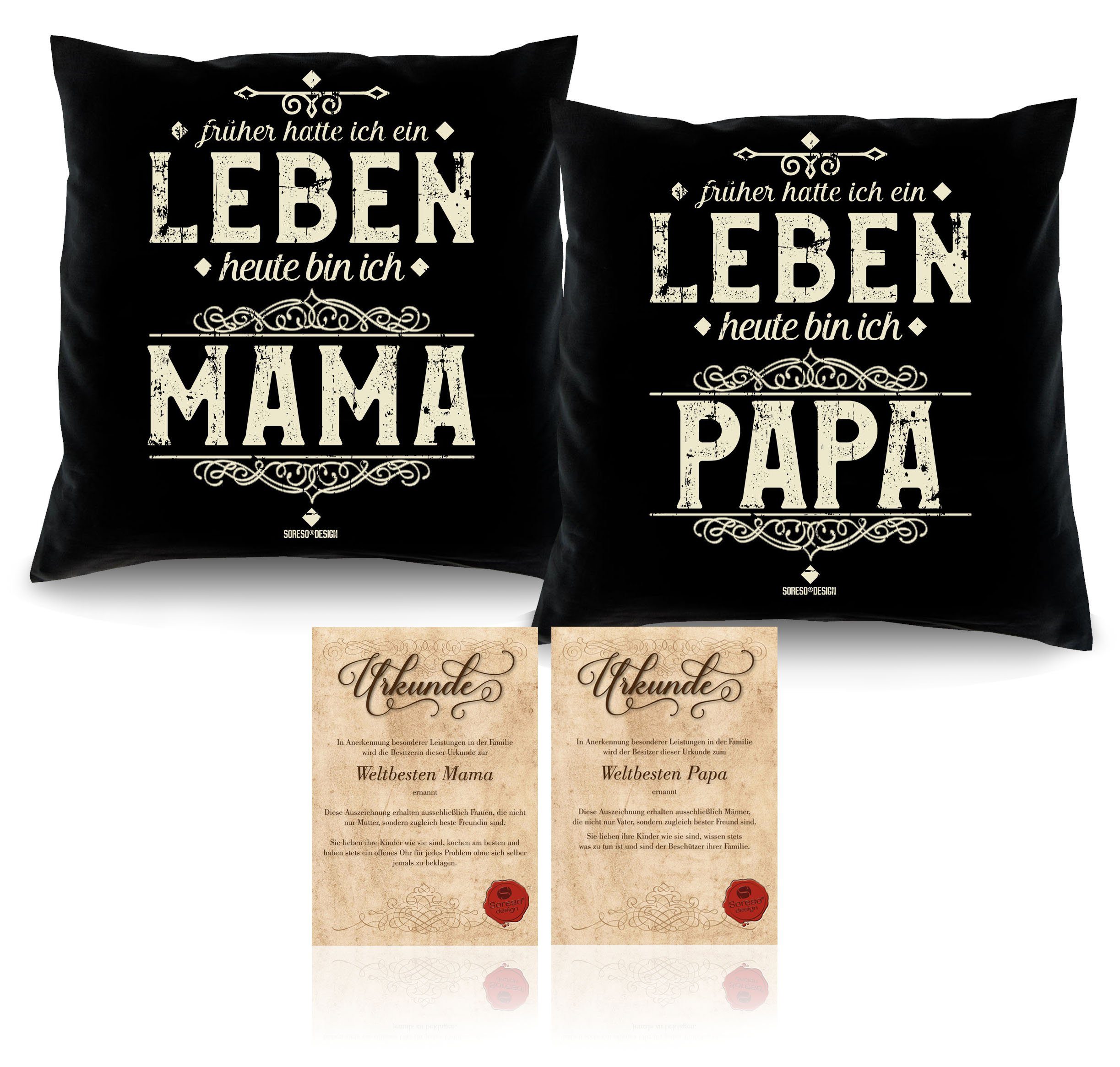 Soreso® Dekokissen Kissen-Set Heute bin ich Mama Heute bin ich Papa mit Urkunden, Geschenk Weihnachten Eltern schwarz