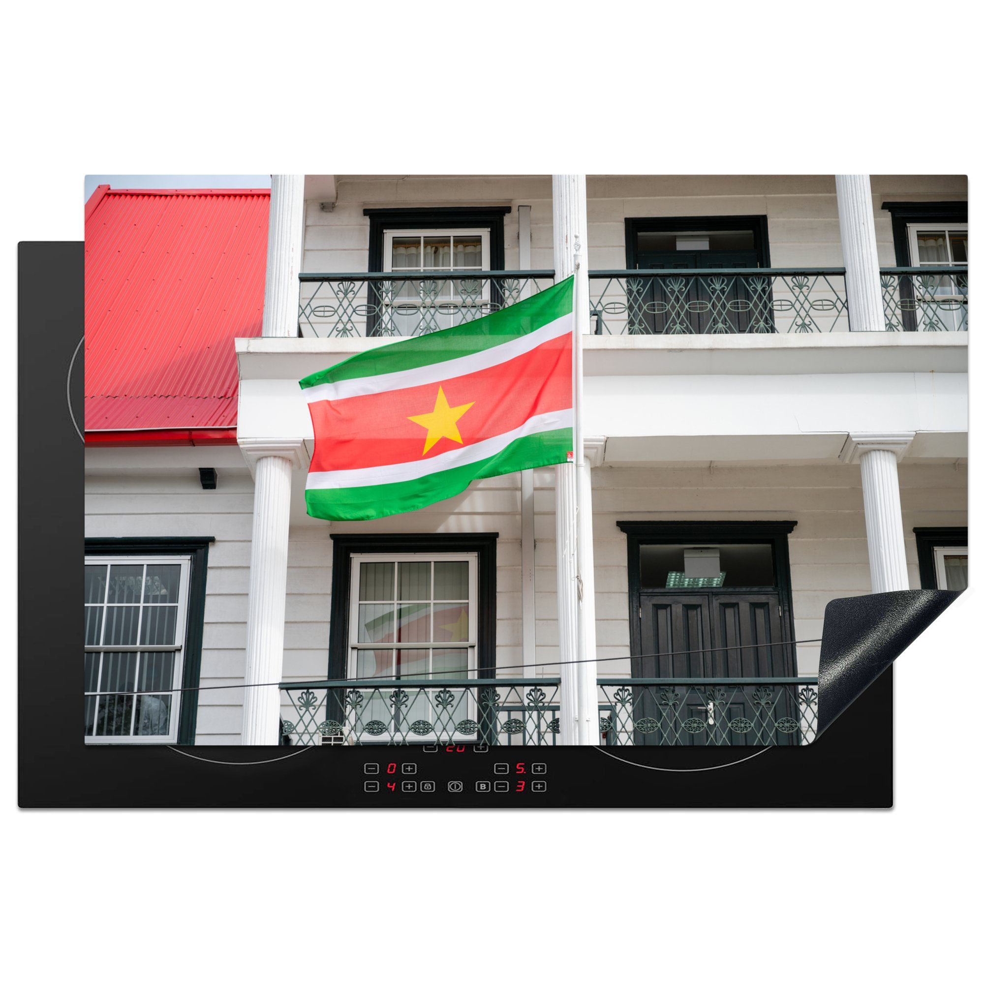 MuchoWow Herdblende-/Abdeckplatte Surinamische Flagge an Ceranfeldabdeckung Haus Paramaribo, Schutz für in Vinyl, (1 küche, die 81x52 einem tlg), Induktionskochfeld cm