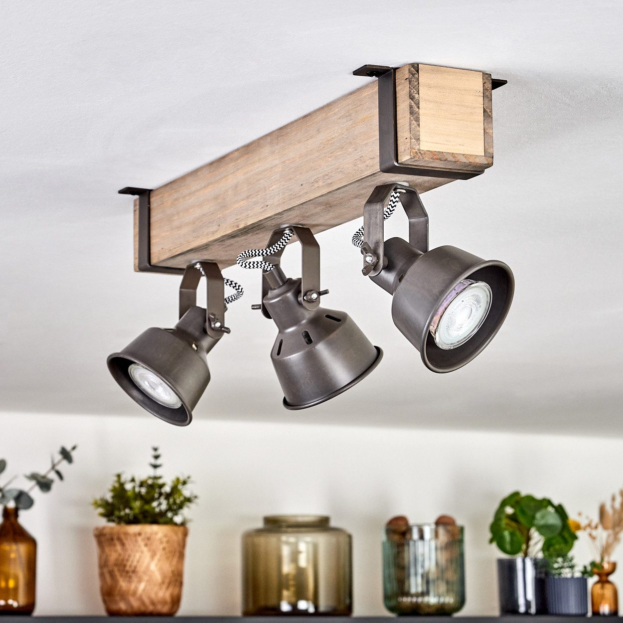 hofstein Deckenleuchte Deckenlampe verstellbar aus Metall/Holz in Grau/Naturfarben, ohne Leuchtmittel, Deckenleuchte im Industrial/Retro/Vintage-Design m. Holzbalken, 3xGU10