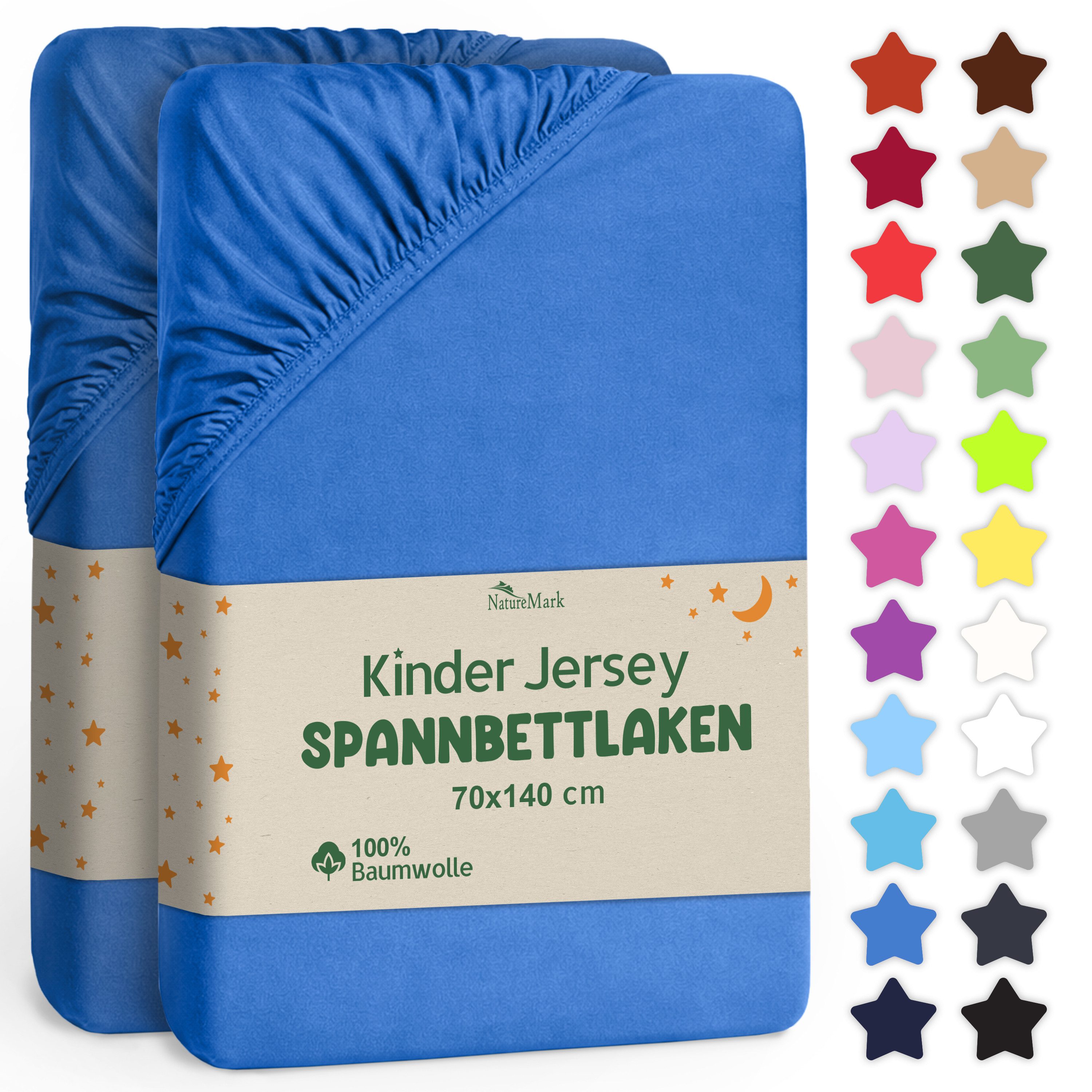 NatureMark Spannbettlaken Jersey Spannbetttuch, 100% Baumwolle, Gummizug: rundum, (2 Stück), Kinder Spannbetttuch, für Baby-/Kinderbett, 70x140 cm, Royal blau