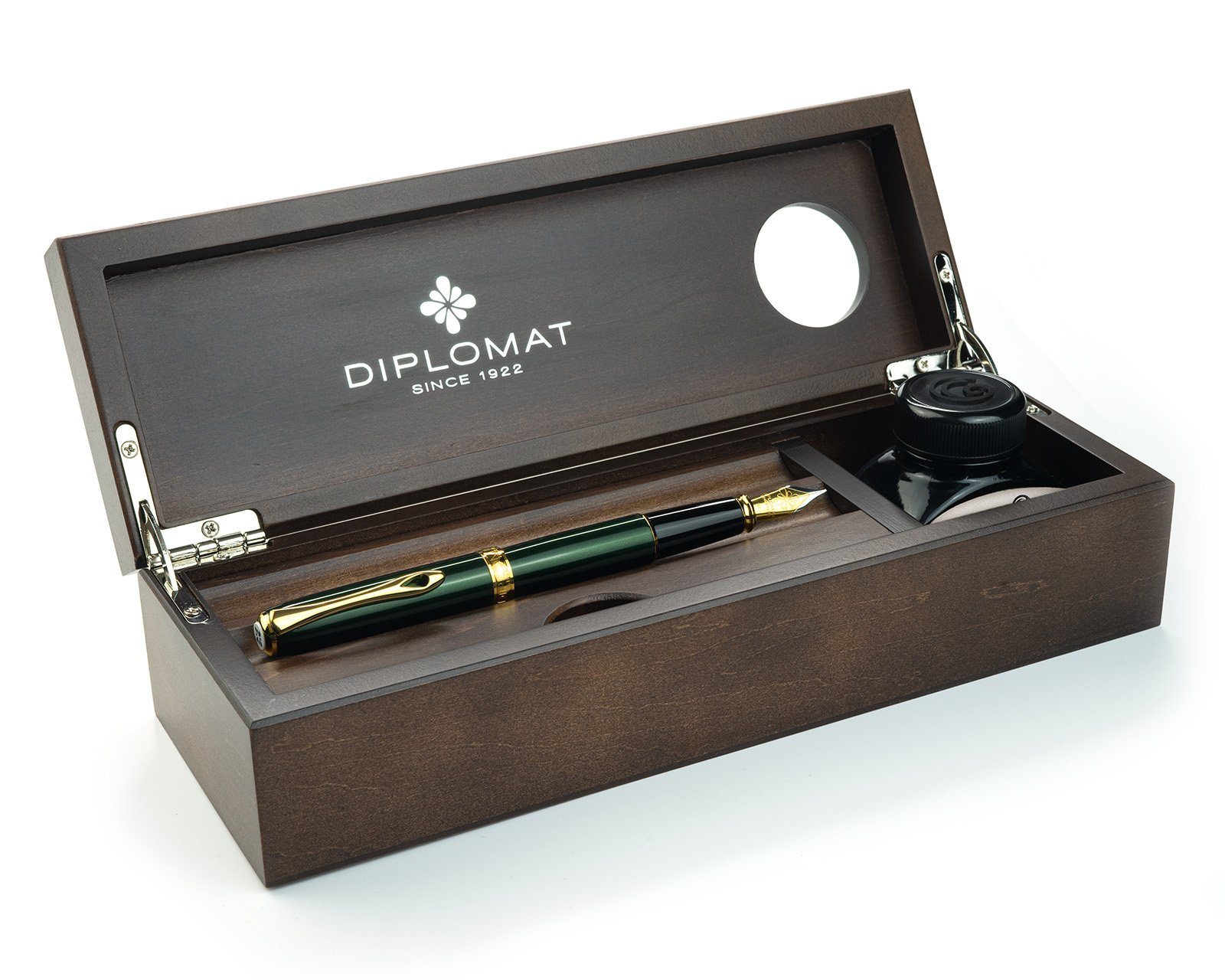 DIPLOMAT Füllhalter Füllhalter Diplomat Excellence A2 Evergreen vergoldet Wenge-Holz, (Komplett-Set mit Tintenkonverter, Schreibtinte Königsblau von Octopus Fluids und Wenge Holzetui), MADE IN GERMANY