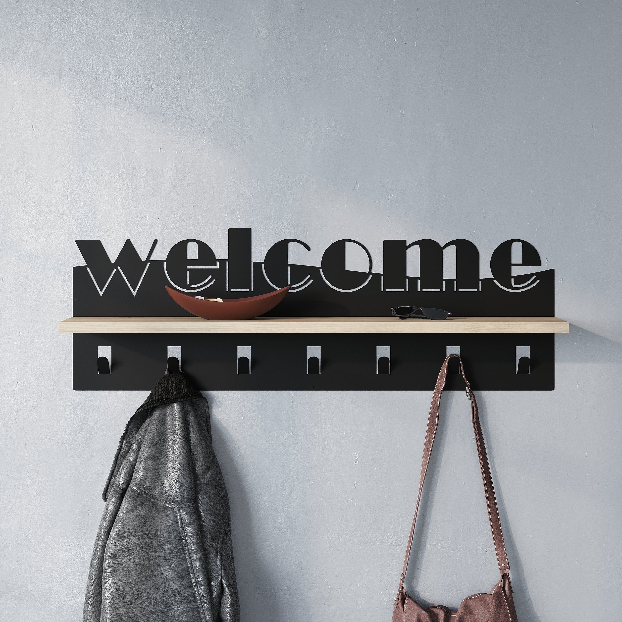 Decortie Kleiderhaken Moderner Willkommen Wandhaken aus Metall mit 7 Metallhaken 86x15x27cm, Wand