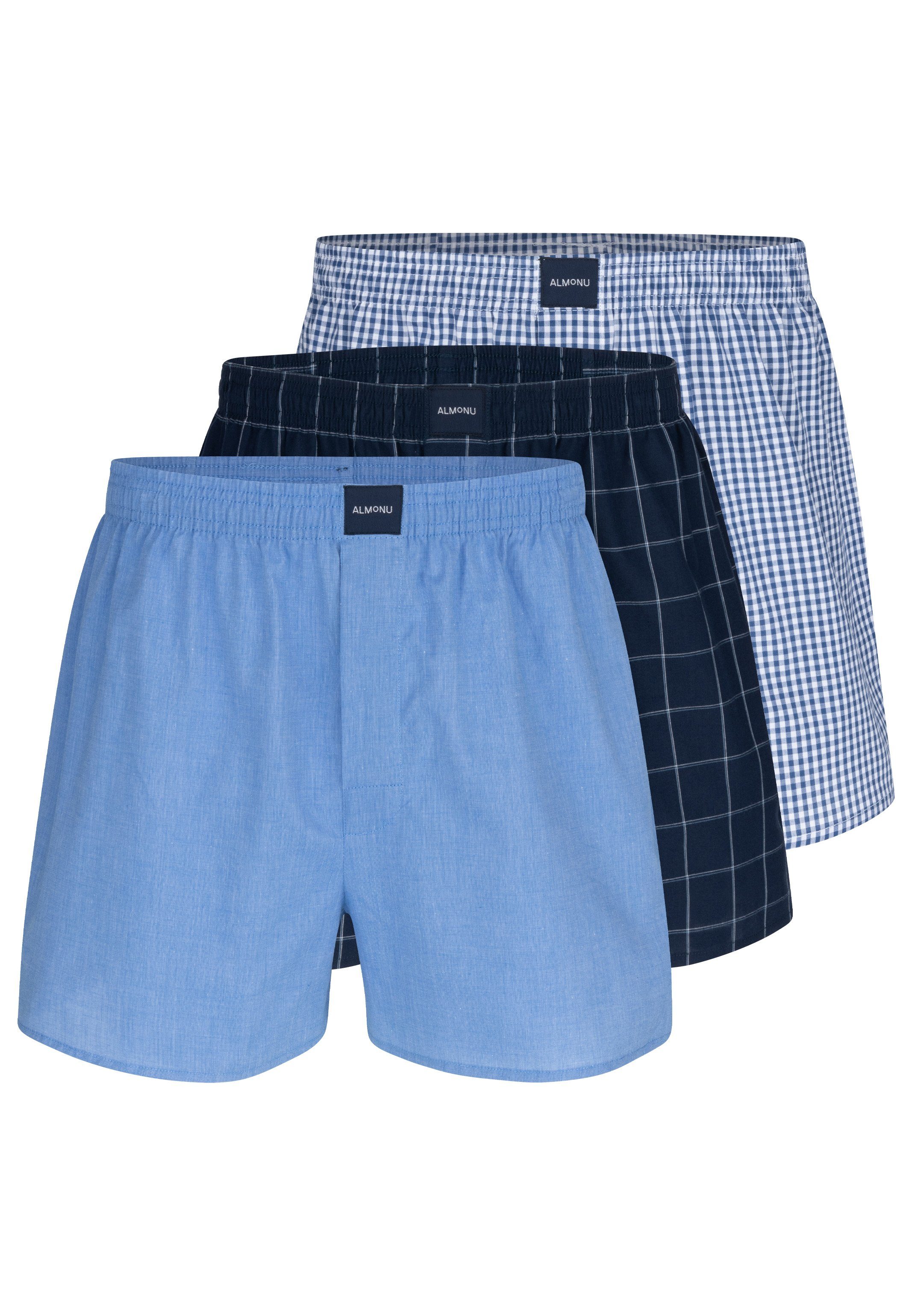 Almonu Boxershorts 3er Pack Web (Spar-Set, 3-St) Boxershorts - Baumwolle - Mit Eingriff - Atmungsaktiv Blau karriert