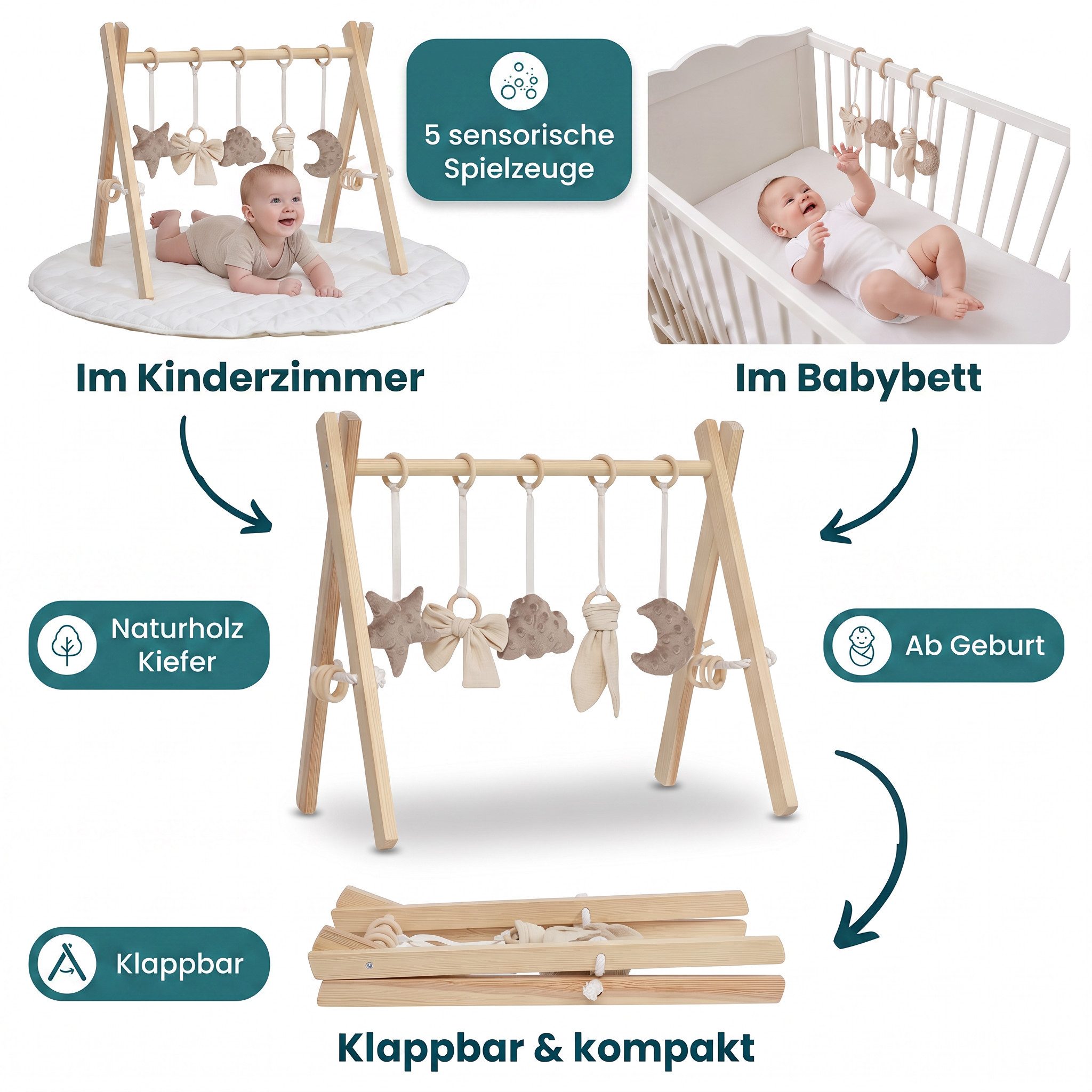 LuMali Baby Gym Holz Spielbogen klappbar 5 Spielzeuge 41x58x49cm Naturholz Kiefer, Spieltrapez Neugeborene sensorisch handgemacht faltbar leicht Geschenk