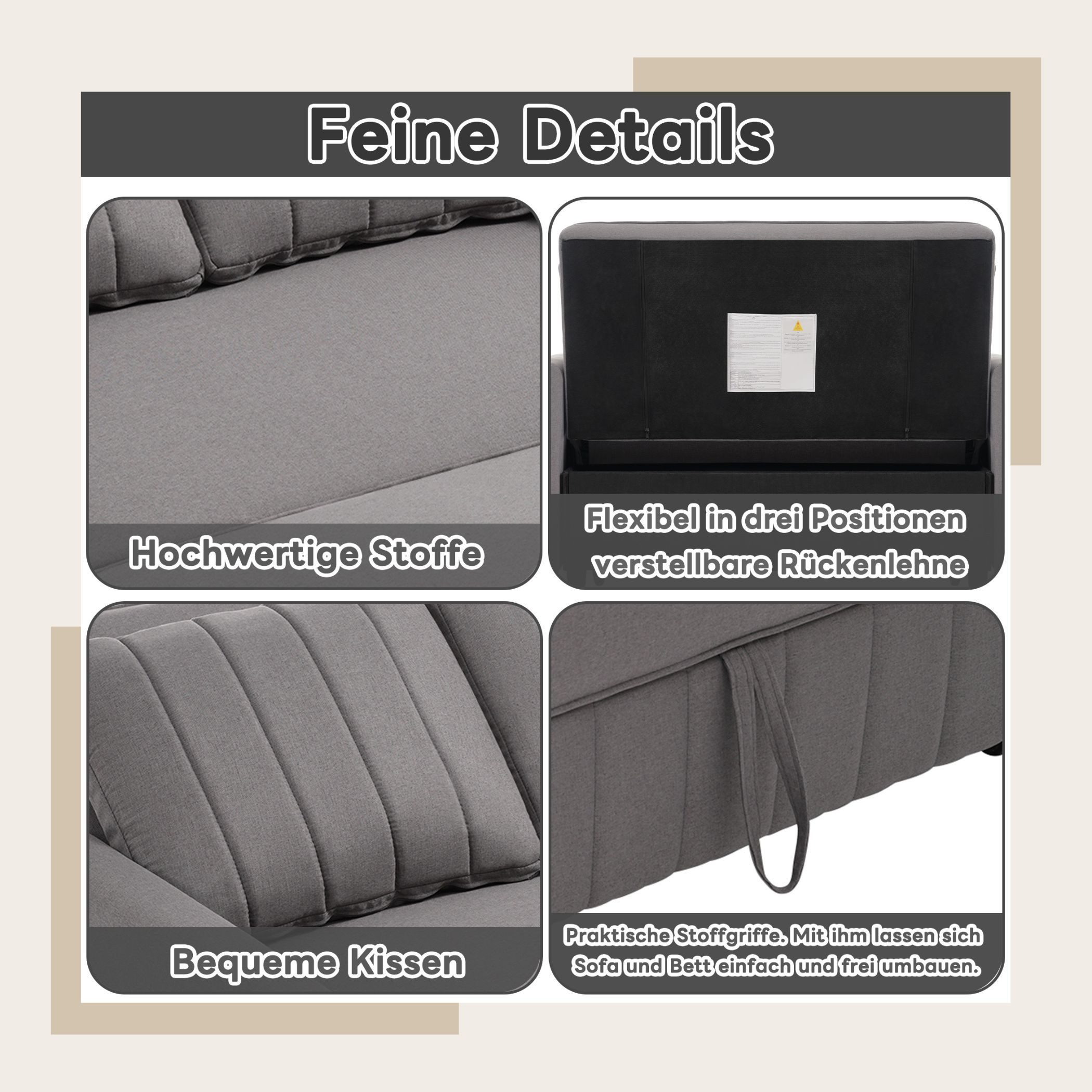 SeedWave Schlafsofa mit 13,5 cm Matratze, verstellbarer Rückenlehne 105°/138°/180°, 2 Kissen, Leinenstoff, platzsparendes Design mit Seitentaschen