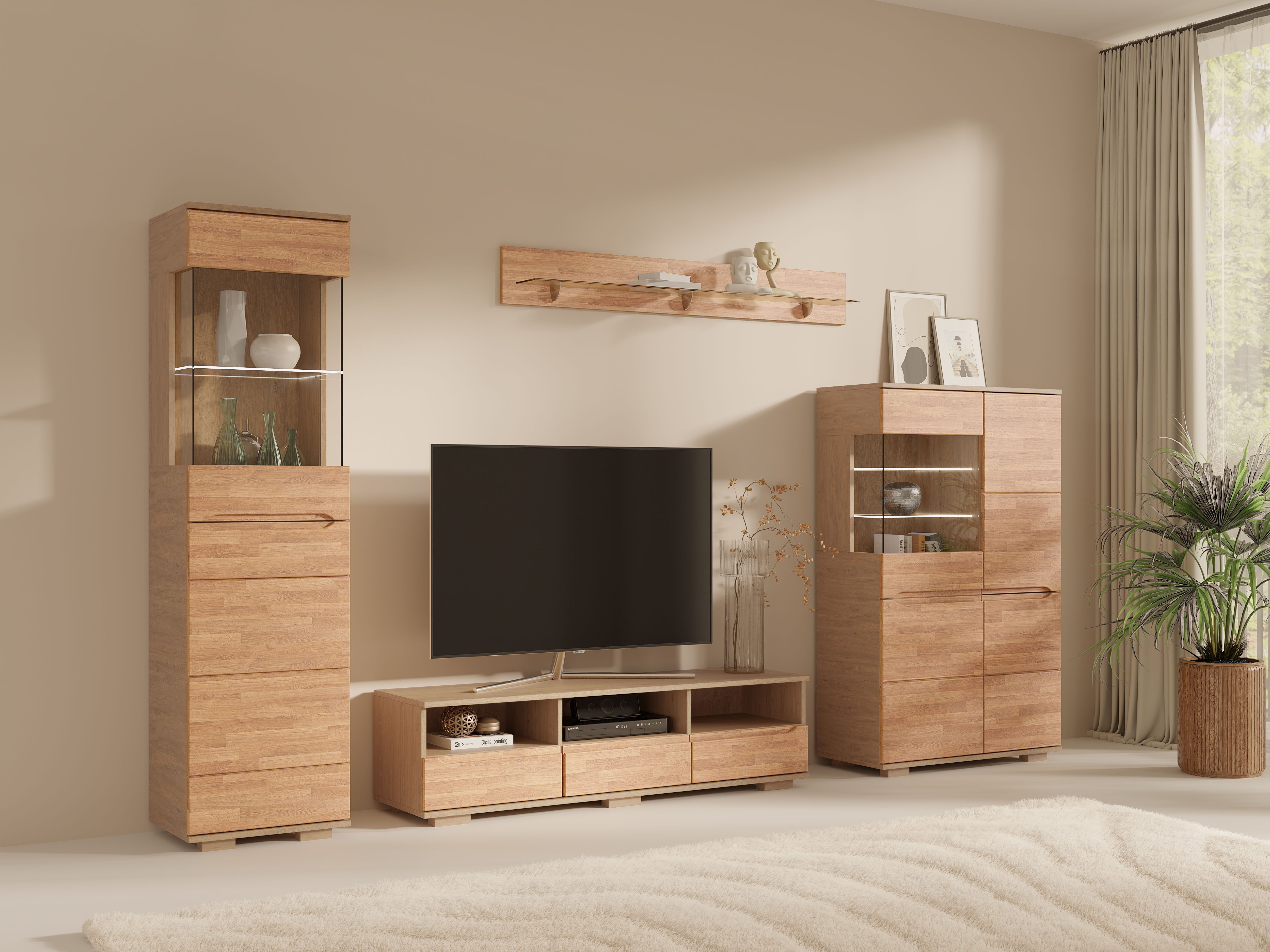 OTTO home Wohnwand VETRO: besteht aus 2 Vitrinen, 1 Lowboard & 1 Wandregal, Wohnzimmer., (4-St), Breite:290cm, Türen mit Glaseinsätzen, Kabeldurchführung in Lowboard
