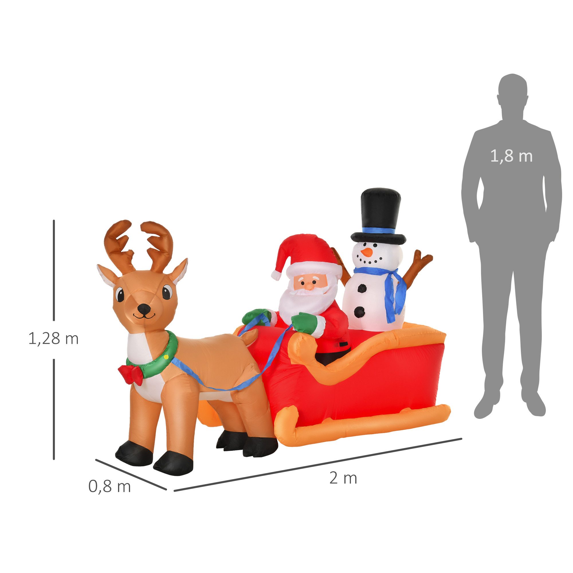 HOMCOM Weihnachtsfigur Weihnachtsmann auf Schlitten mit Schneemann (mit LED, Weihnachtsdekoration), Aufblasbarer Weihnachtsmann auf Schlitten mit Schneemann LED Polyester