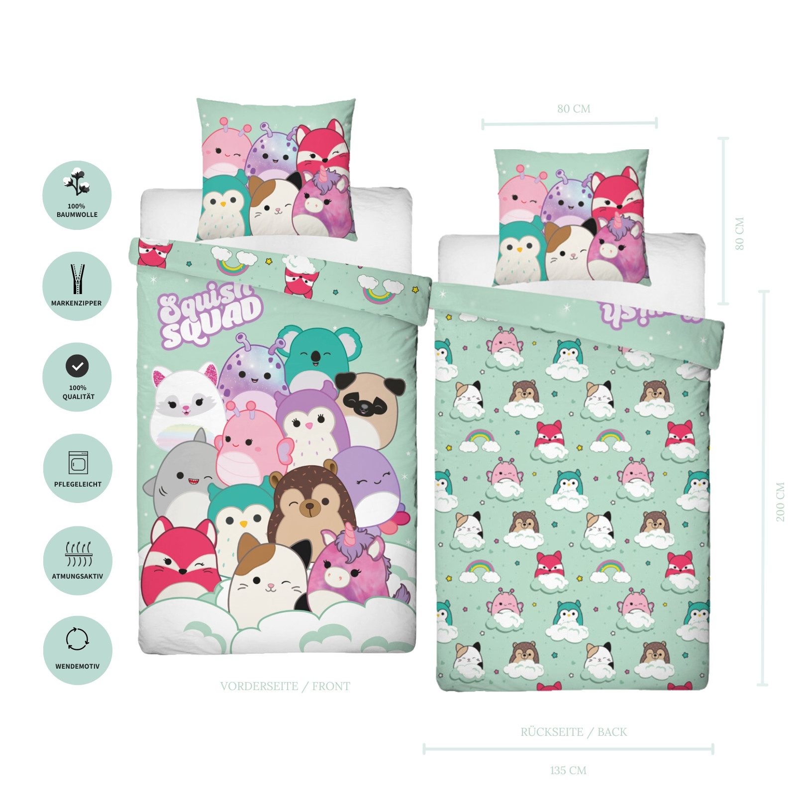 MTOnlinehandel Bettwäsche Squishmallows 135x200 + 80x80 cm, 100% Baumwolle, 2 teilig, Squish Squad, Cam, Fifi, Lola, Winston und Hans, Regenbogen, Wolke – Bild 4 von 5