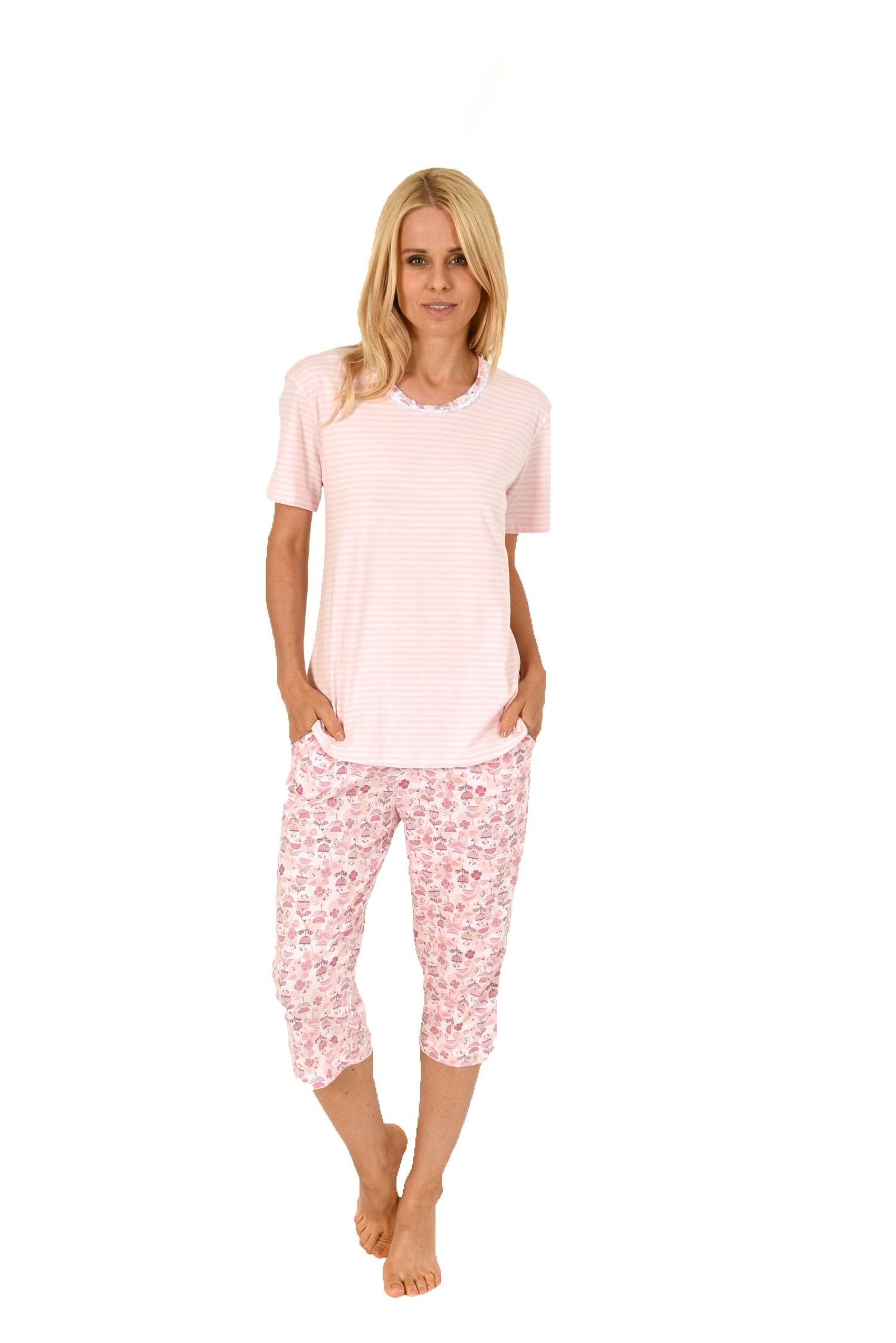 Normann Pyjama Damen Capri Schlafanzug mit Spitzenbesatz - auch in Übergrößen hellblau