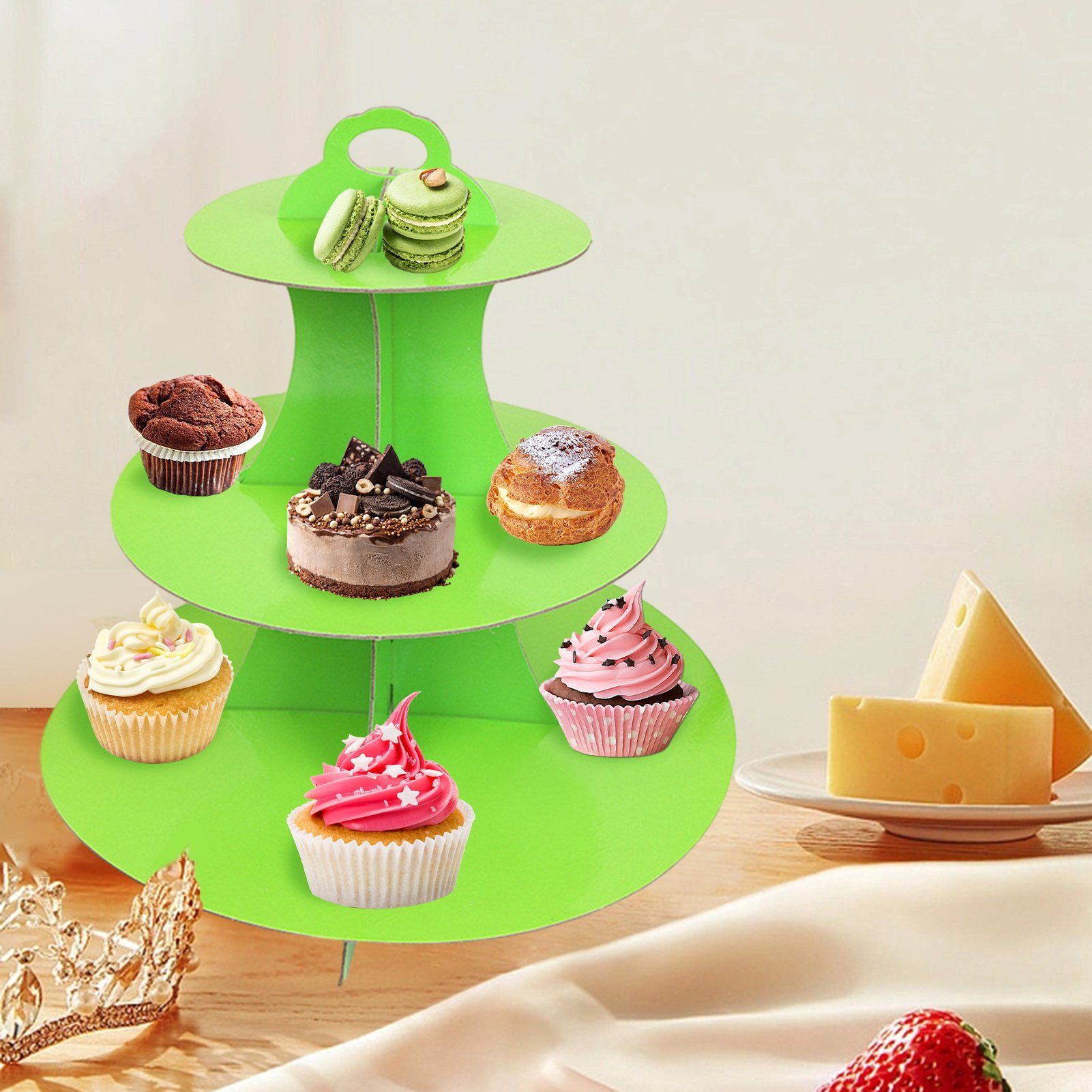 Rutaqian Kuchenteller Tortenständer mit drei Etagen Geburtstagsfeier Kuchenstand, (1 St), Dessertteller Cupcake-Tablett Haushaltsprodukte Grün | Kuchenteller