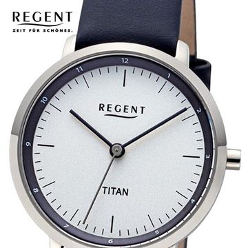 Regent Quarzuhr Regent Damen Titan-Armbanduhr Analog, (Analoguhr), Damen Armbanduhr rund, klein (ca 30mm) Lederband dunkelblau, Elegant