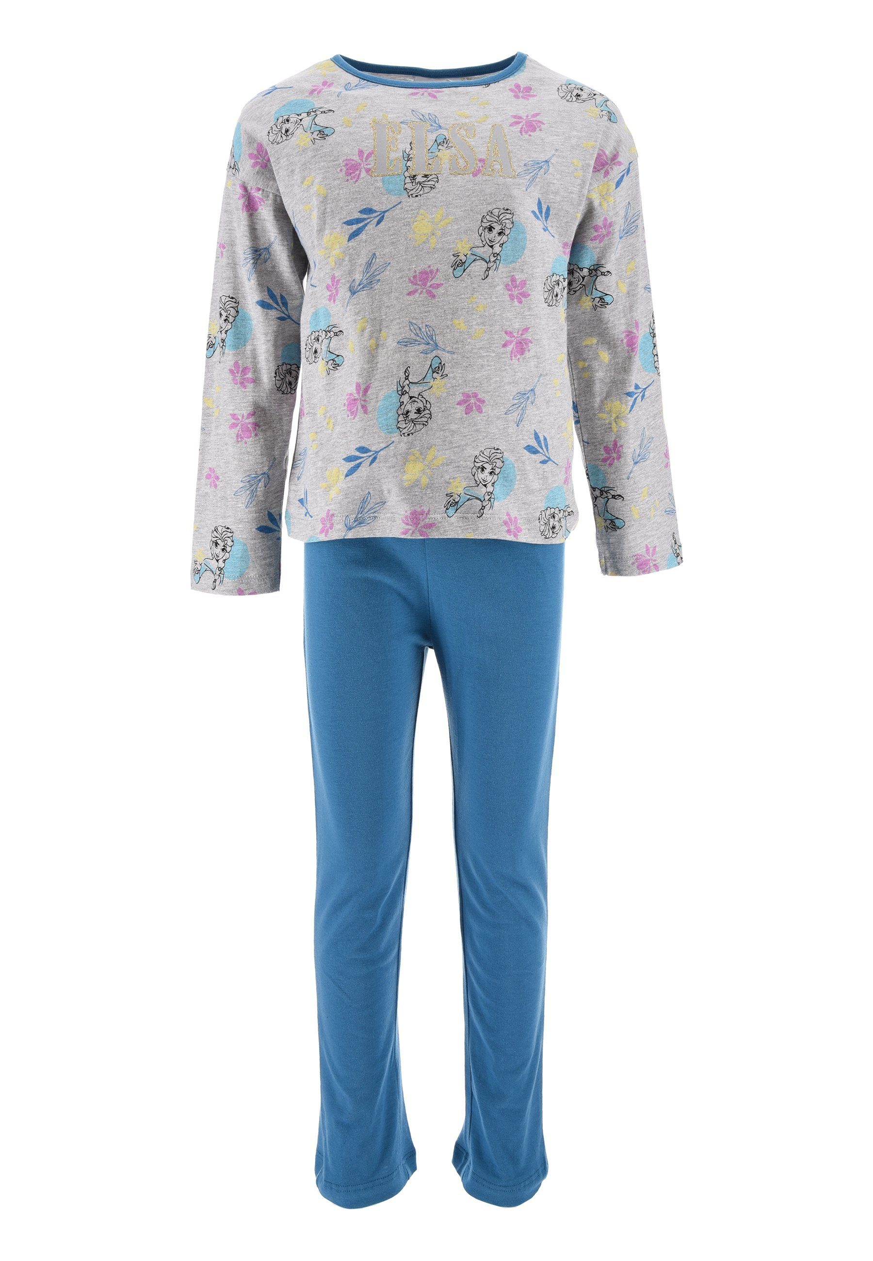 Schlafanzug + Shirt Eiskönigin Pyjama (2 Mädchen Langarm Grau Frozen Schlaf-Hose Kinder Schlafanzug Kinder tlg) Elsa Disney