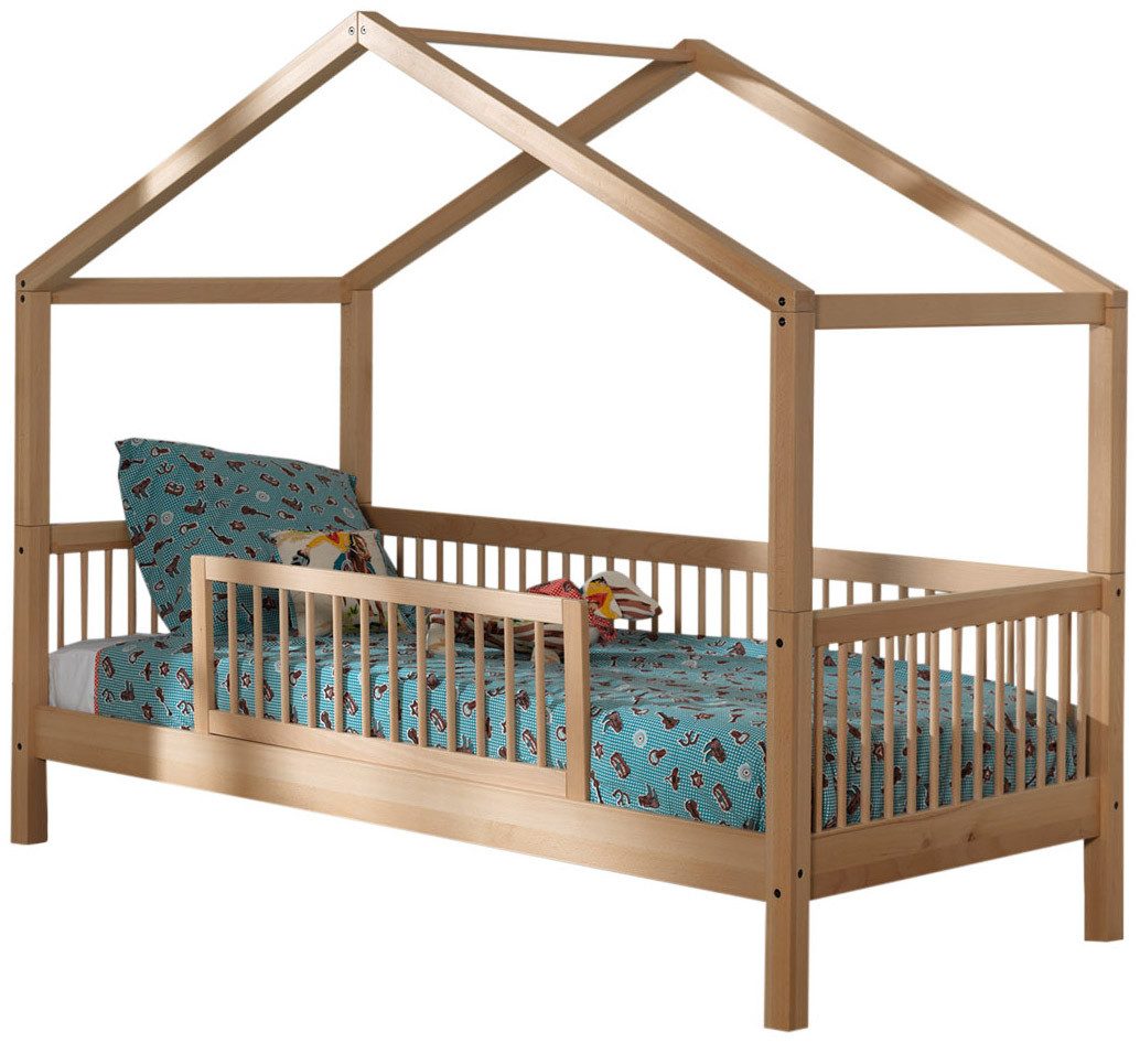 Vipack Hausbett Forrest mit hochwertiger und stabiler Verarbeitung, Made in Europe (Buche massiv natur, 90/200 cm, inkl. Massivholz Rolllattenrost), wahlweise ohne oder mit Textilhimmel oder Rausfallschutz