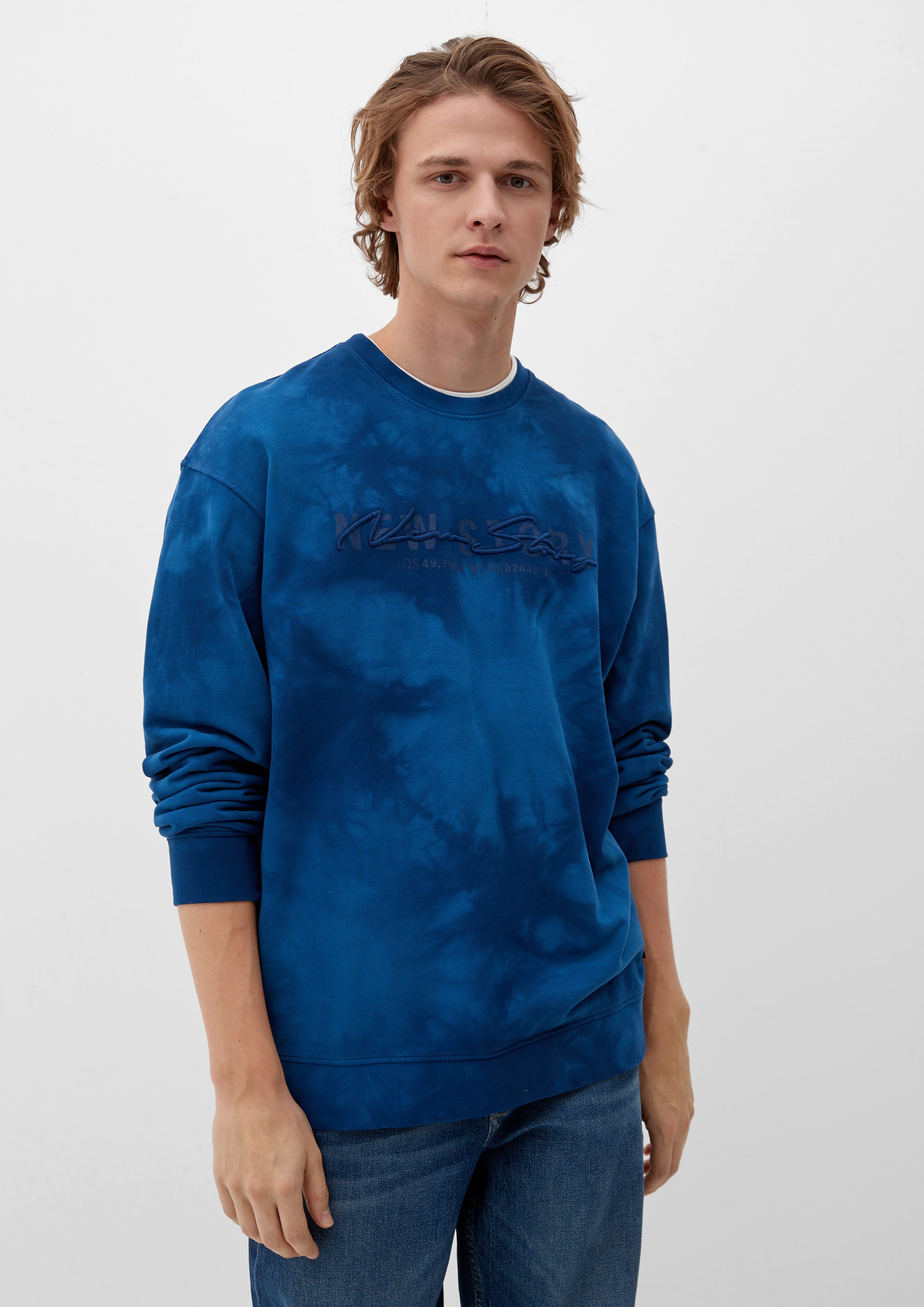 QS Batik-Optik Stickerei ozeanblau Sweatshirt Sweatshirt in