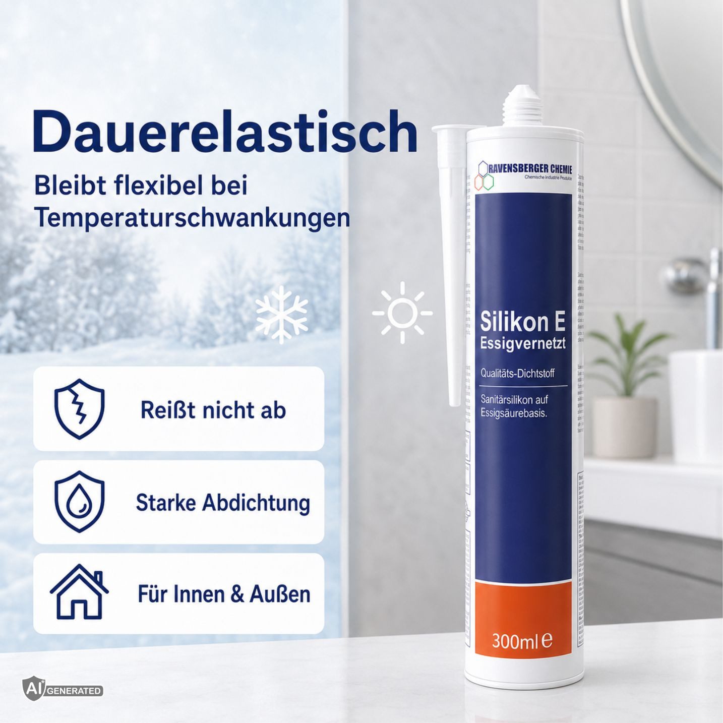 Ravensberger Chemie Silikon E Essigvernetzt – Sanitärsilikon Transparent 300 ml, Silikon, gebrauchsfertig, (1x 300ml Kartusche von Ravensberger Chemie), Essigve – Bild 2 von 5