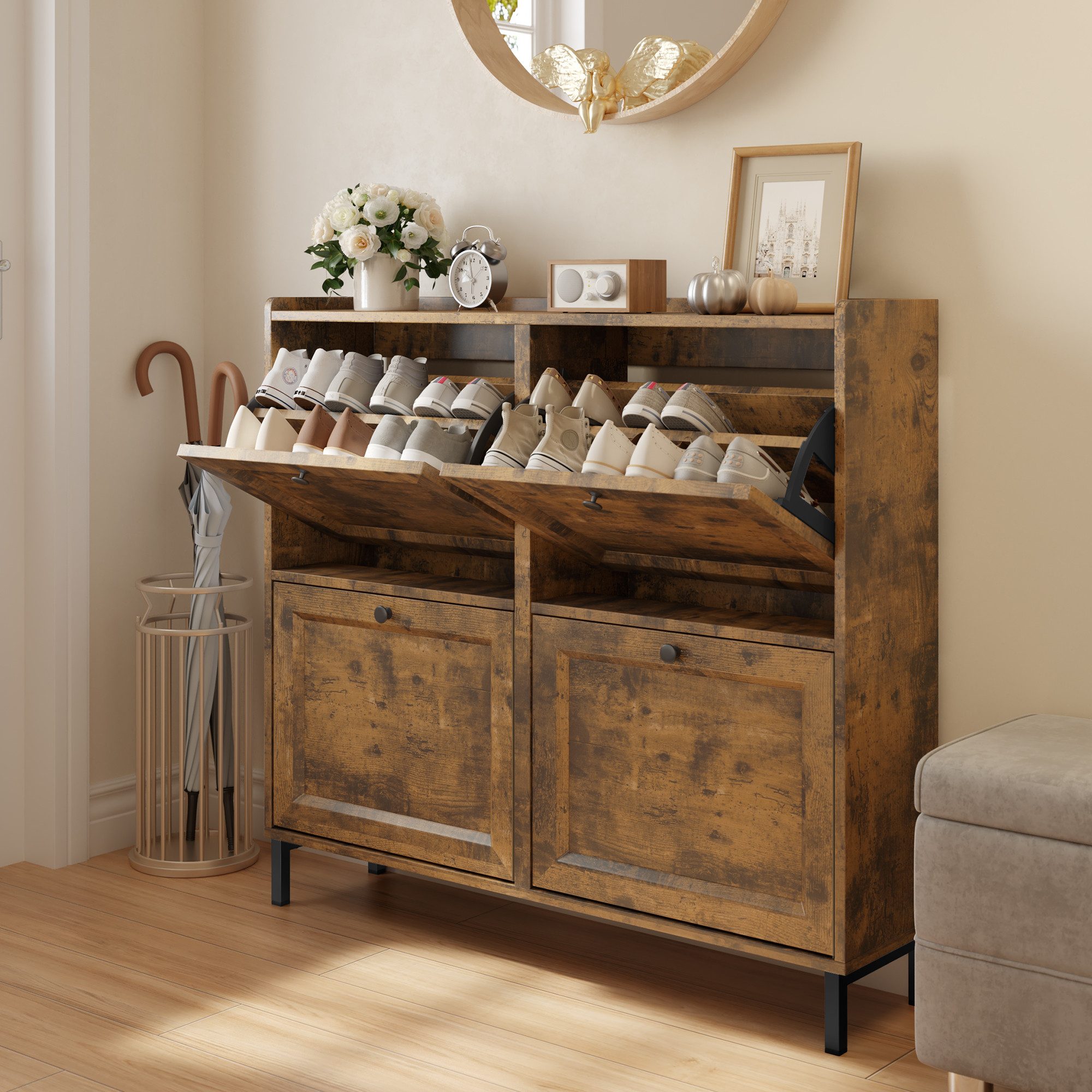 Bealife Schuhschrank mit 4 Klappen und eingezäunter Decke, Kapazität 16 Paar