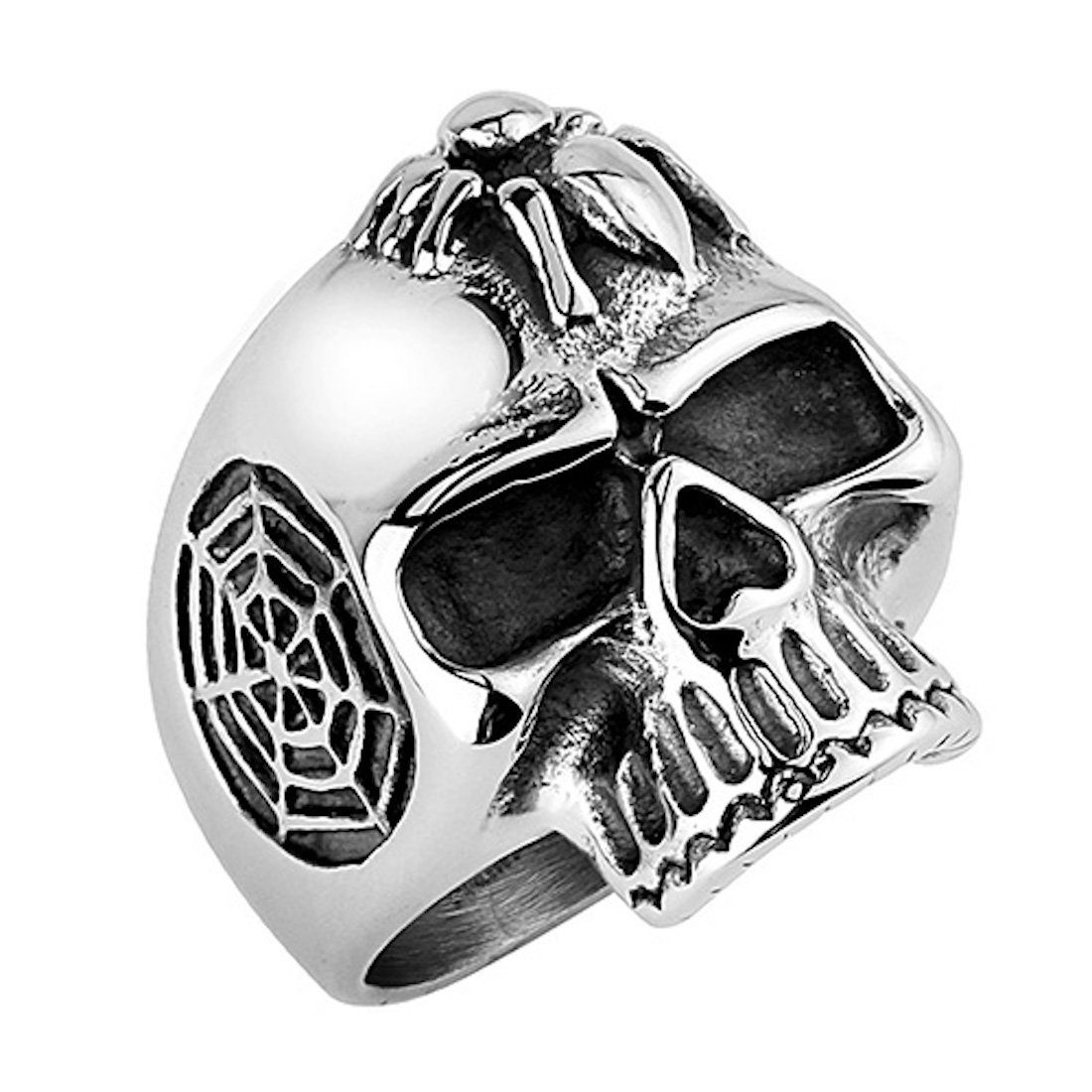 Fingerring Herren Ring Edelstahl Totenkopf mit Spinne Silber