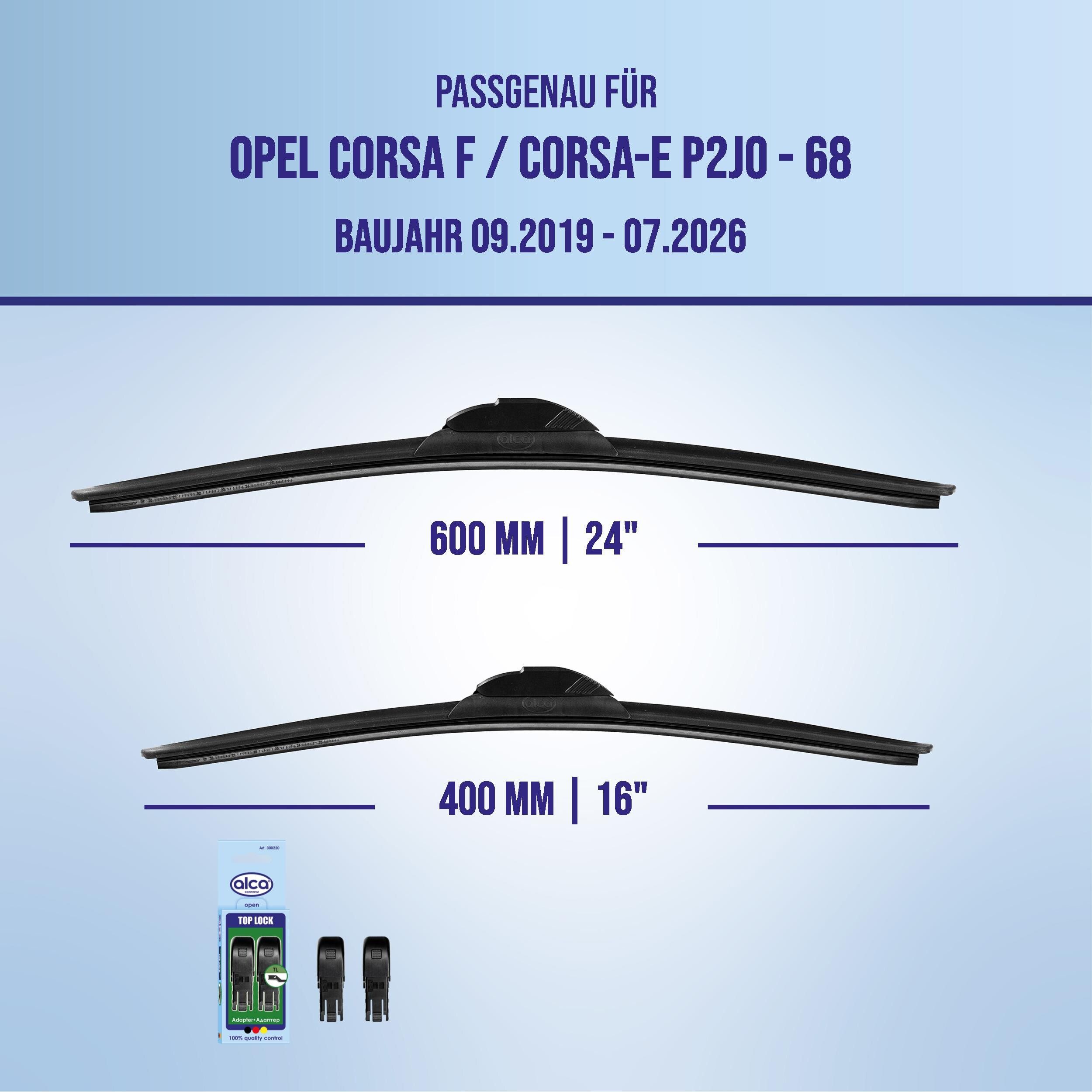 alca Scheibenwischblätter passend für OPEL CORSA F / CORSA-e, 09.2019 - 08.2026, Frontscheibe, (Packung, 2-St., Scheibenwischer), mit Nano Graphit Beschichtung