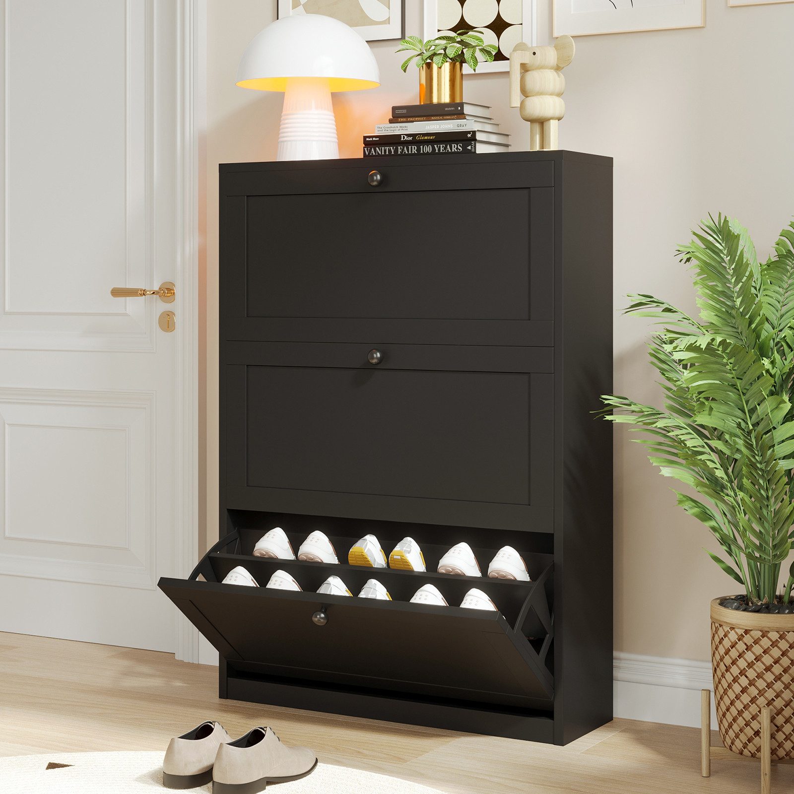 VOWNER Schuhschrank 3 Klappen, Schuhregal, 80 x 24 x 117 cm Schwarz günstig online kaufen