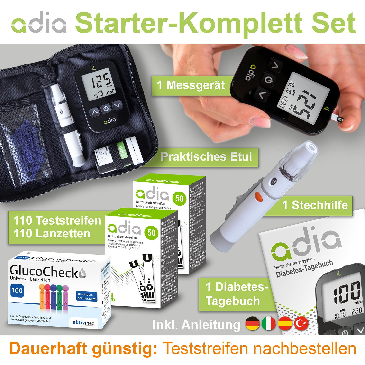 ADIA Blutzuckermessgerät adia Blutzuckermessgerät Set + 110 Teststreifen + 110 Lanzetten mg/dl