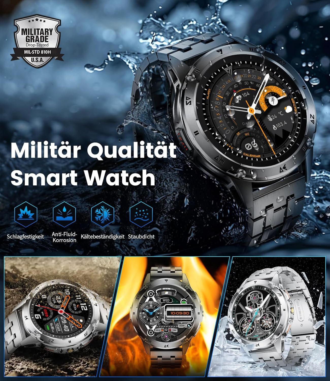 Zevelora Herren's Smartwatch Telefonfunktion 530mAh IP68 Wasserdicht Smartwatch (1.43 Zoll, Android/iOS), 1-tlg., 100+ Sport Modi Smart Watch Herzfrequenz Schlafmonitor Android iOS