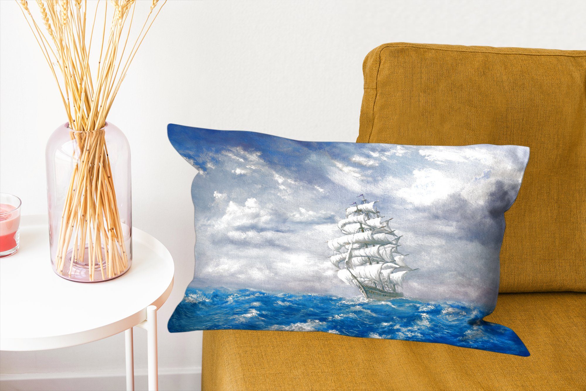 MuchoWow Dekokissen Illustration eines Segelschiffs Dekokissen auf dem Füllung, Dekoration, Schlafzimmer Zierkissen, mit Wasser, Wohzimmer
