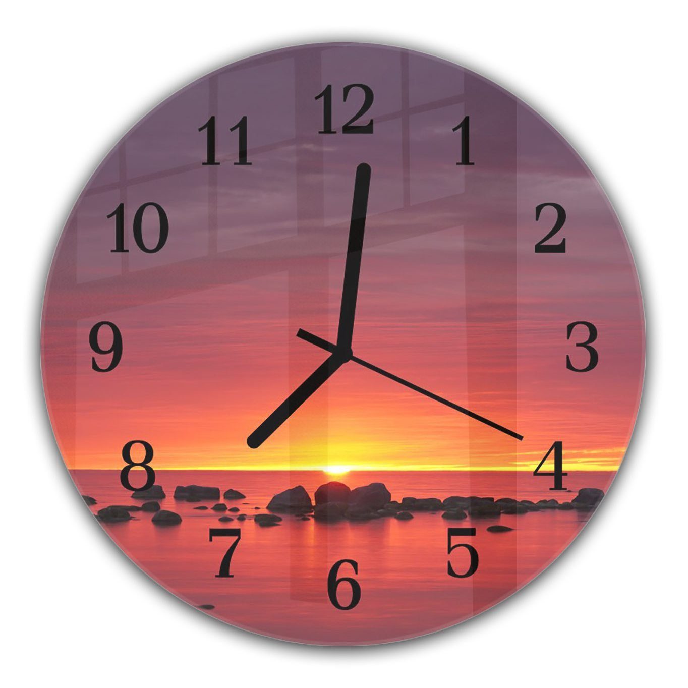 aus cm mit Meer und Wanduhr mit - Motiv Durchmesser Primedeco Rund Quarzuhrwerk Wanduhr Glas am Sonnenuntergang 30