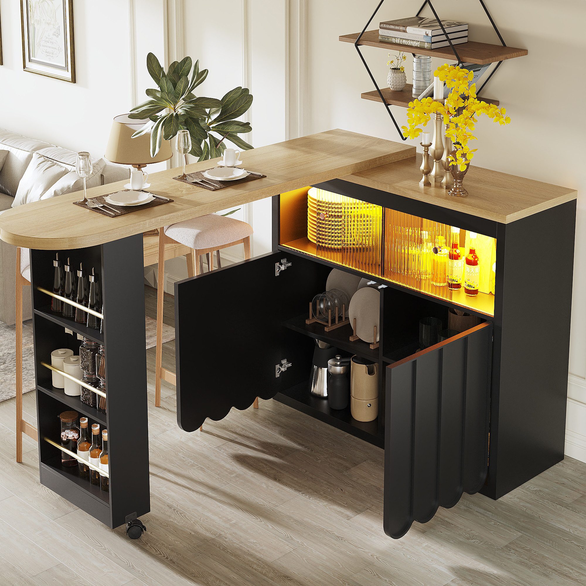 HAUSS SPOLE Bartisch mit LED,Küchentisch Kücheninsel Beweglicher mit gestreifte Türdesign (mit LED-Beleuchtung, Lenkrollen, Schiebetür-Design, 1-St., 135-205×39×100cm), mit Stauraum
