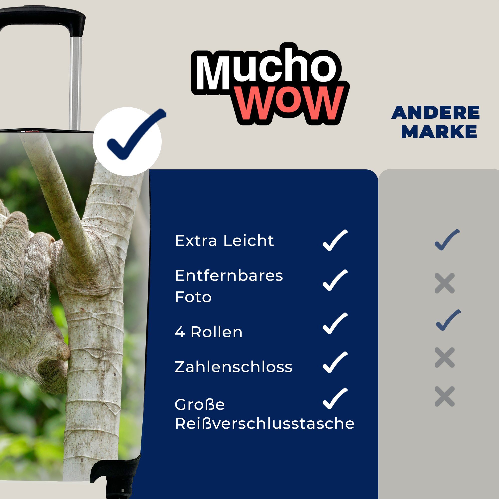 für hängt Trolley, Faultier Reisetasche Reisekoffer rollen, mit MuchoWow Handgepäckkoffer Ein Handgepäck einem an Ferien, Ast, 4 Rollen,