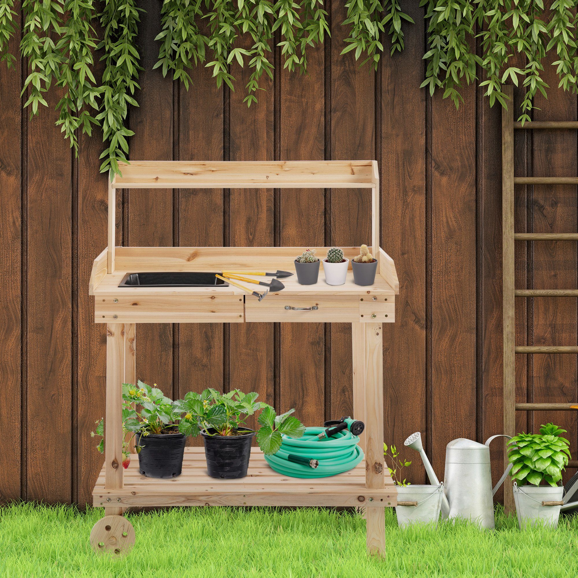 Outsunny Pflanztisch Blumentisch mit Schublade 2 Stufen, mit Waschbecken und Rollen (Arbeitstisch, 1-St., Gärtnertisch), für Garten, natur