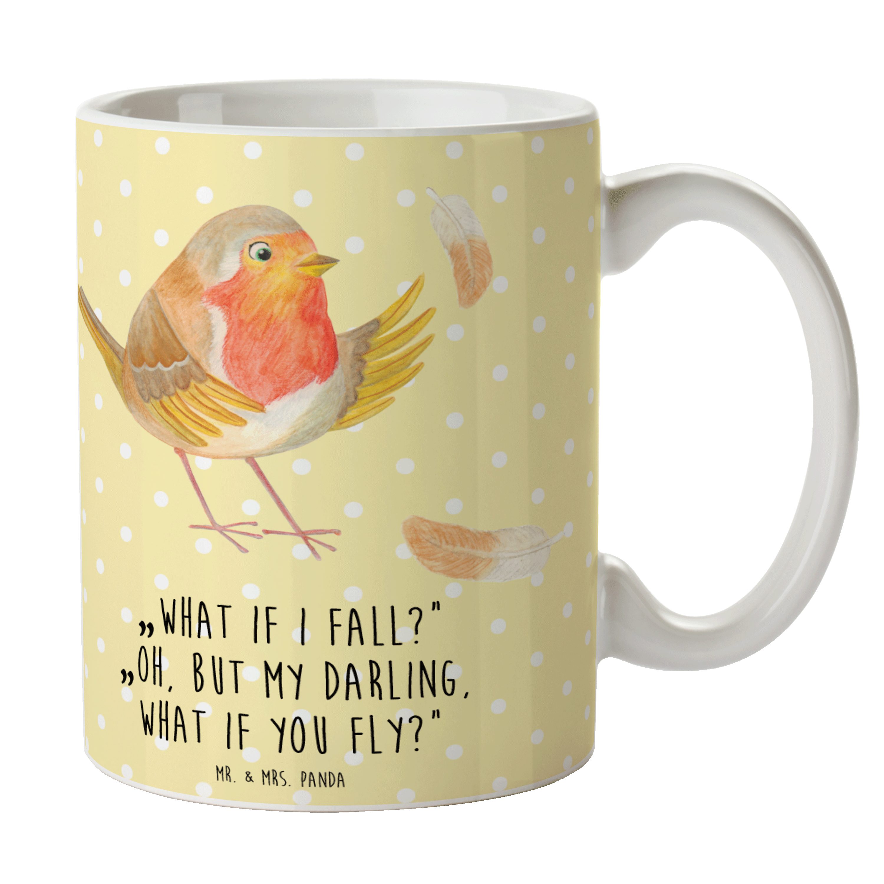 Mr. & Mrs. Panda Tasse Rotkehlchen Federn, Kaffeetasse, Gelb Pastell, Tasse, kaffeetasse ker, Keramik, kaffeetasse bedruckt Designtasse Dekotasse