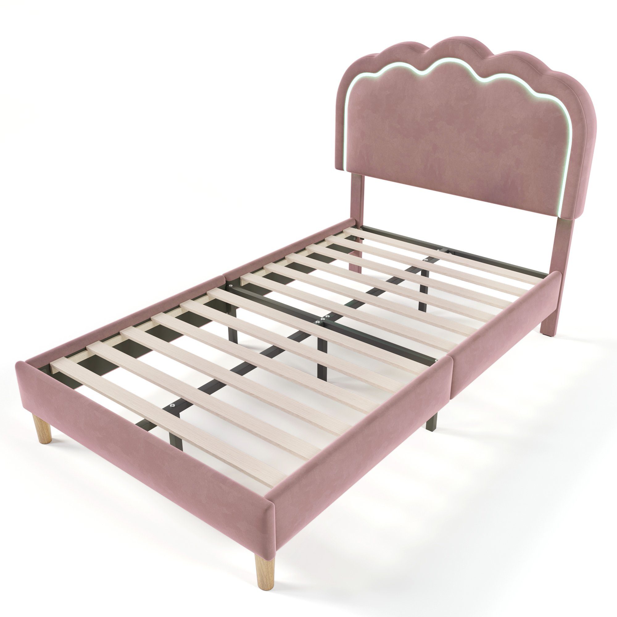 Polsterbett (Einzelbett, LED Jugendbett), mit Lattenrost und Verstellbares Kopfteil in Puff-Form, 90x200cm, Samt