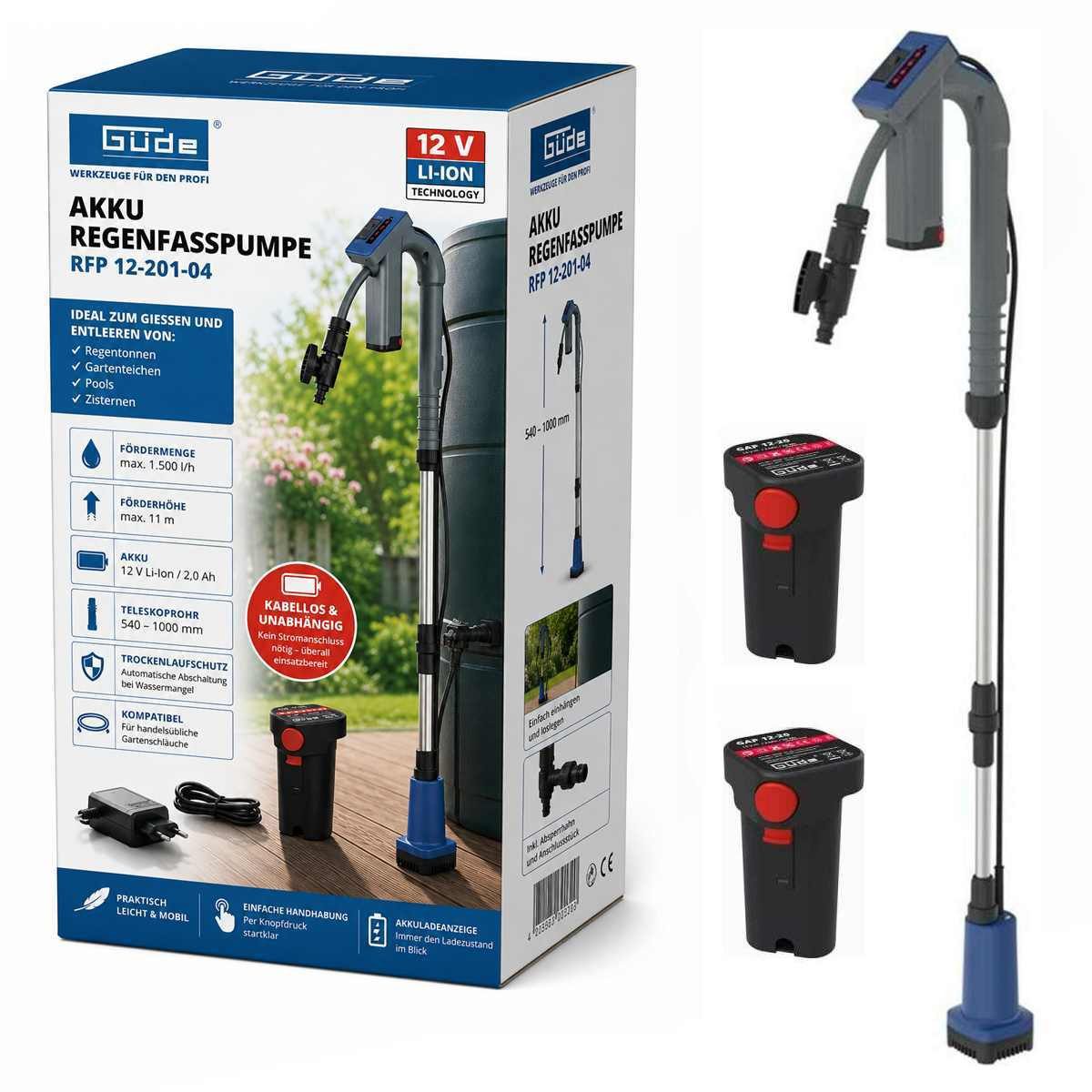 Güde Regenfasspumpe Güde Akku Regenfasspumpe 12V RFP 12-201-04 + 2 Akkus & Ladegerät