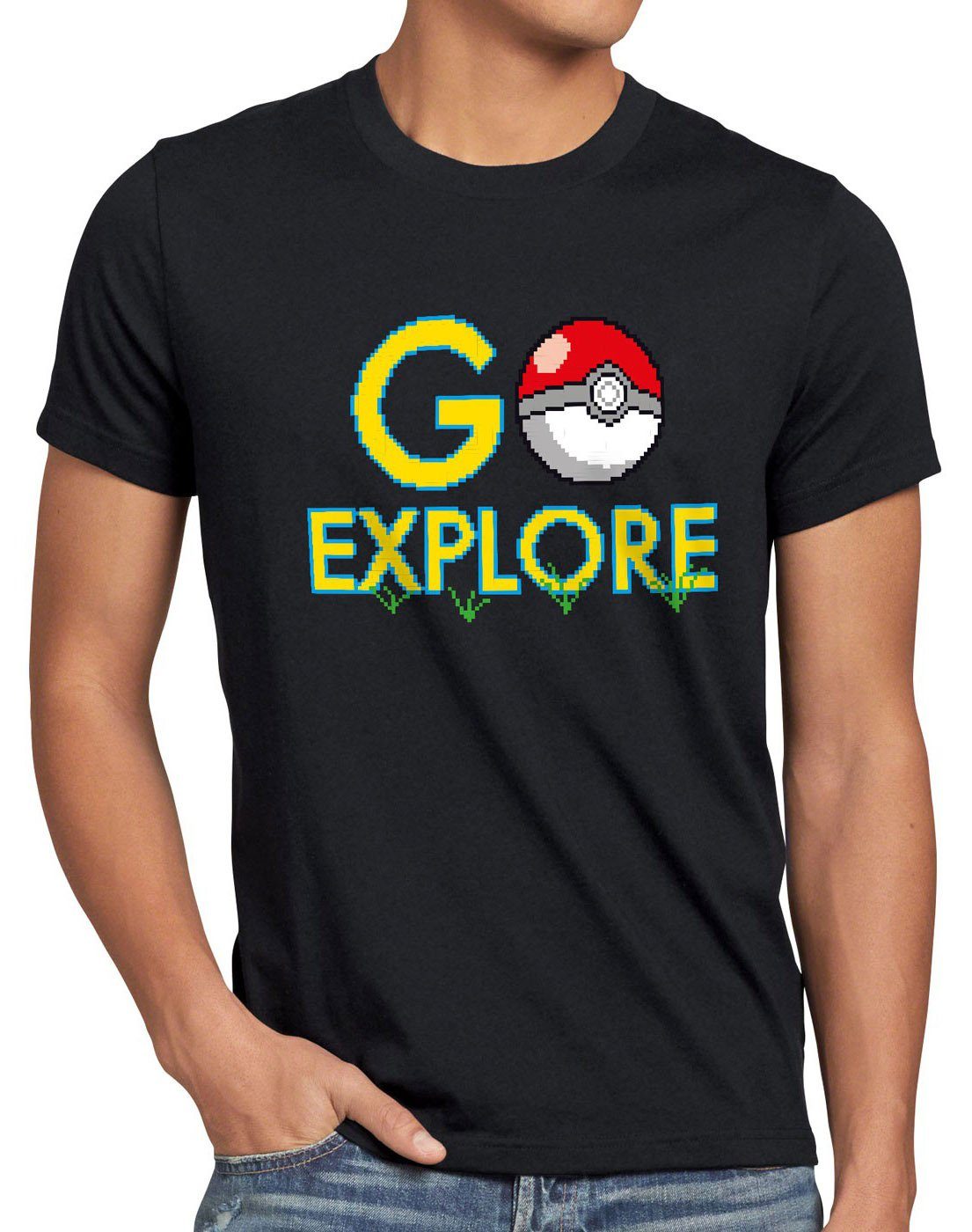 style3 Print-Shirt Herren T-Shirt Go Explore poke game app team pokeball pikachu pokespot arena boy schwarz