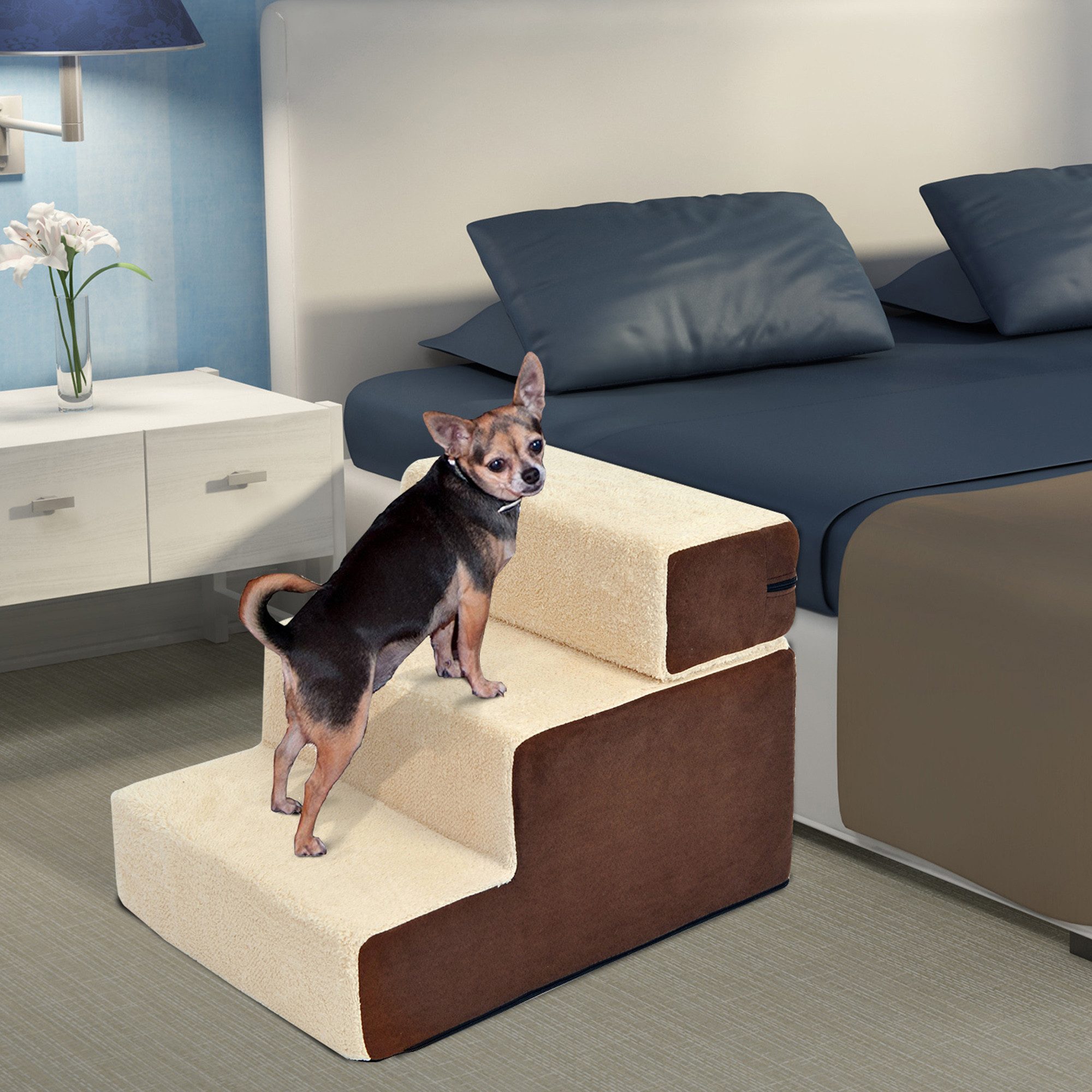 PawHut Haustiertreppe Hundetreppe Katzentreppe 3 Stufen für Katzen und Hunde Plüsch (Haustierleiter, 1-St., Tiertreppe), Beige 54 x 40 x 39 cm