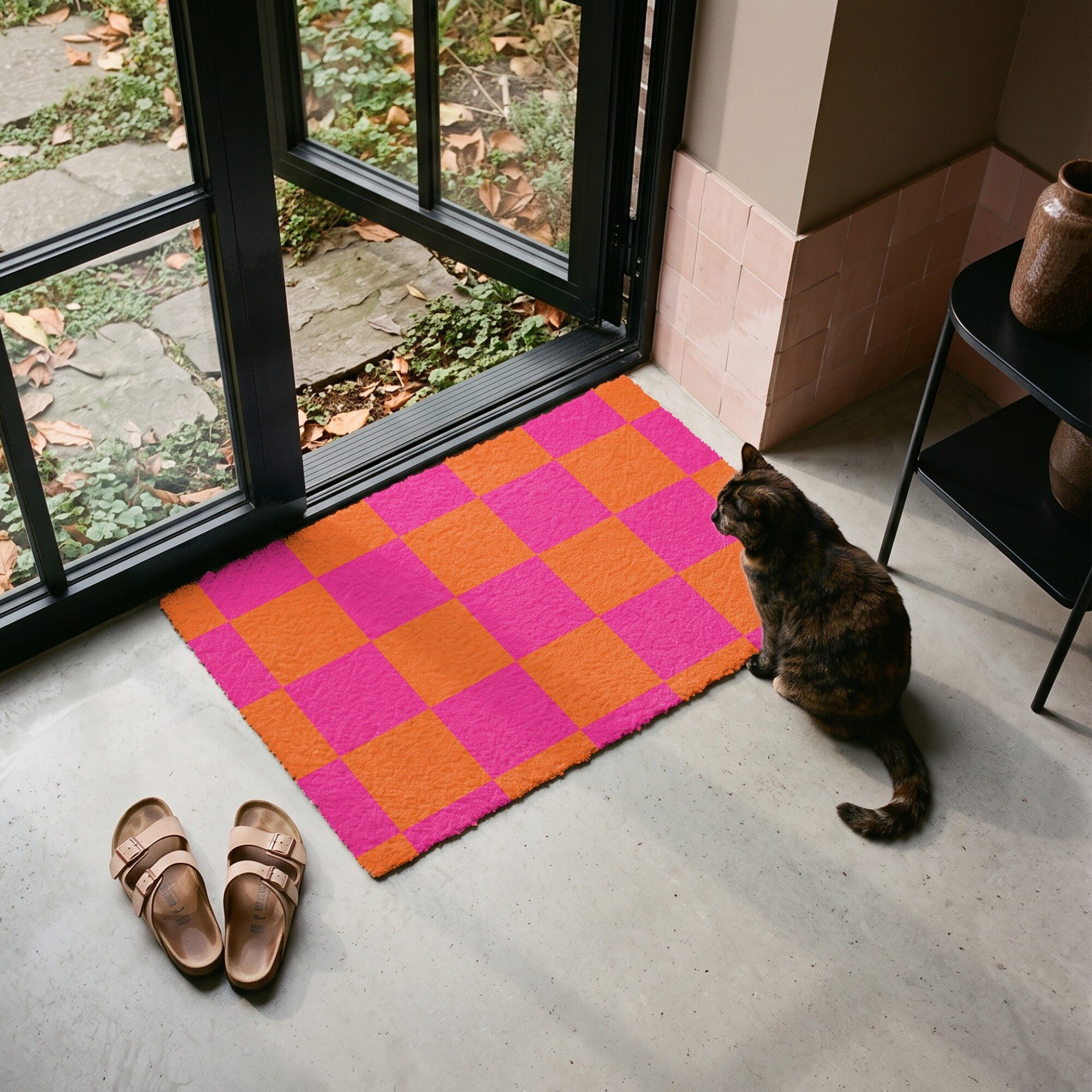 MuchoWow Fußmatte Schachbrettmuster - Orange - Rosa - Blöcke, Rechteckig, innen Schmutzfangmatte, Tür, Schmutzfänger Flur, Teppich 60x40 cm – Bild 4 von 5