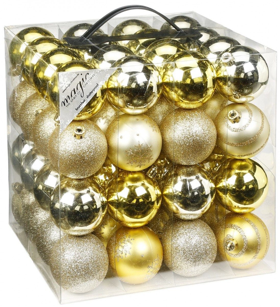 JACK Christbaumschmuck 64x Kunststoff Christbaumkugeln Ø 6cm Baum Kugeln inkl. Aufhänger, Mit praktischer Aufbewahrungsbox, Optik: matt / glänzend / glitzernd