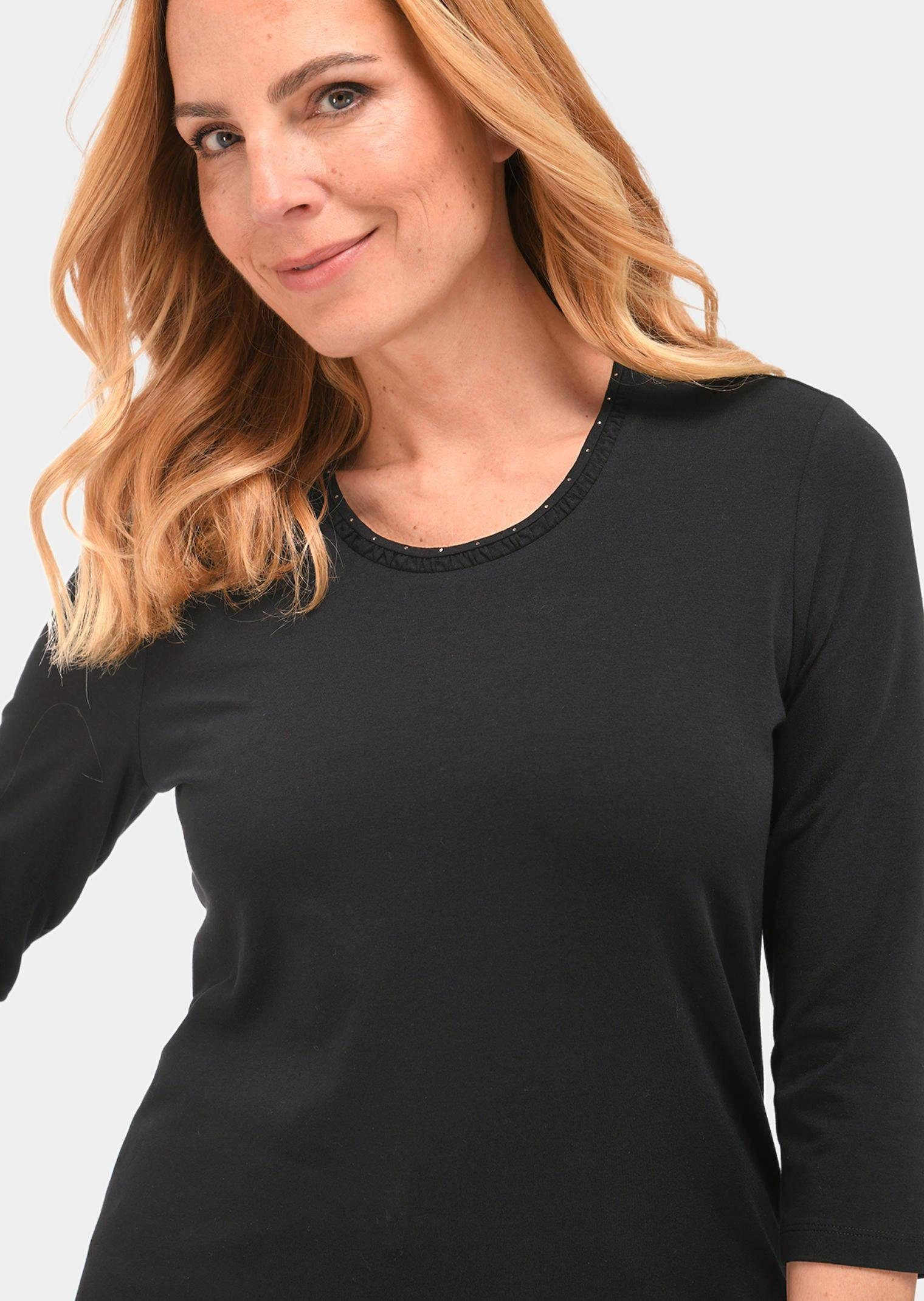 GOLDNER 3/4-Arm-Shirt Baumwollshirt mit Schmucksteinen Baumwollshirt mit Rundhalsausschnitt und 3/4-Arm