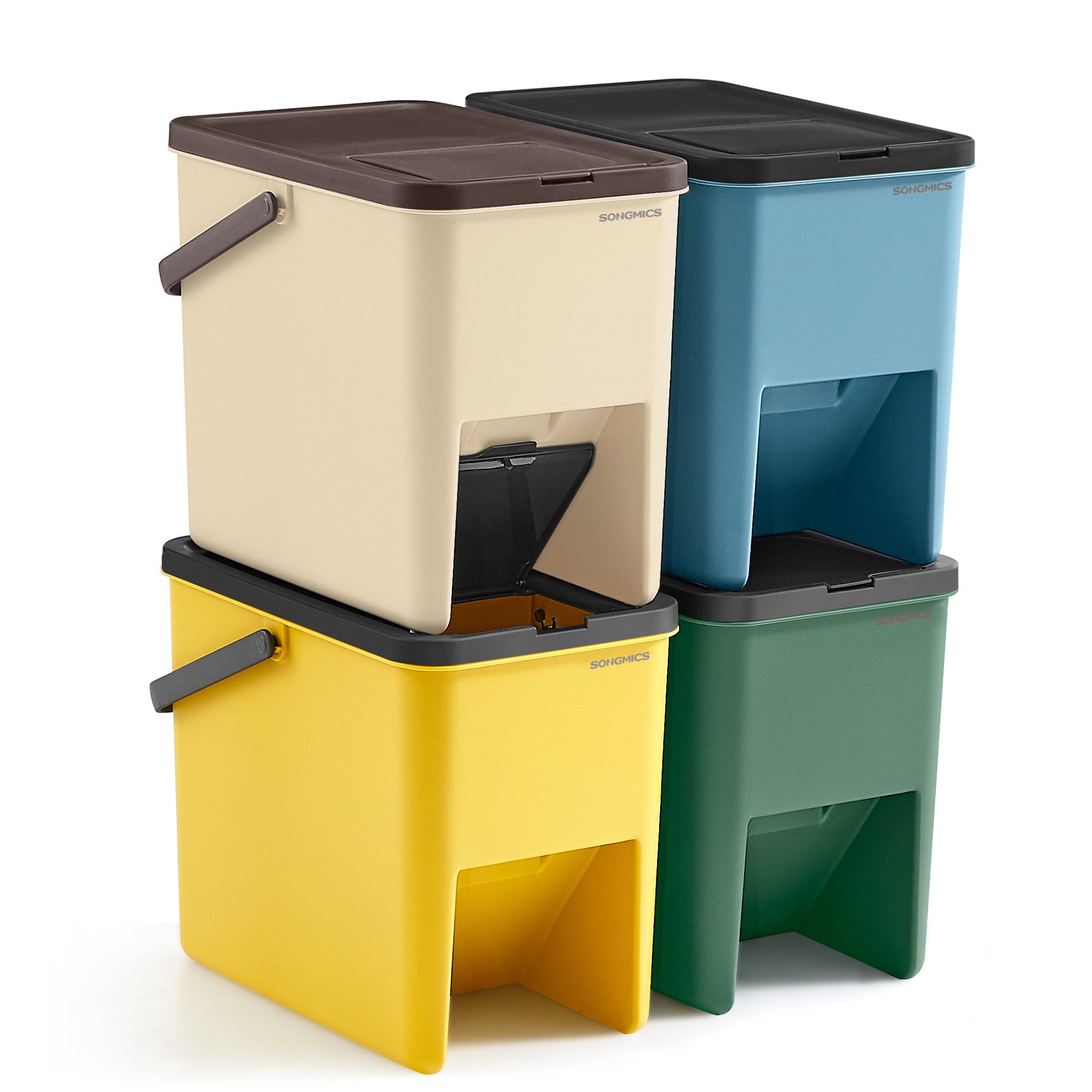 BirnePower Mülleimer 4er Set – 4x 10L, 40L Gesamtvolumen – Mülltrennsystem Mit Griffen & Aufhänger – Grau, 56,5x39x41 Cm