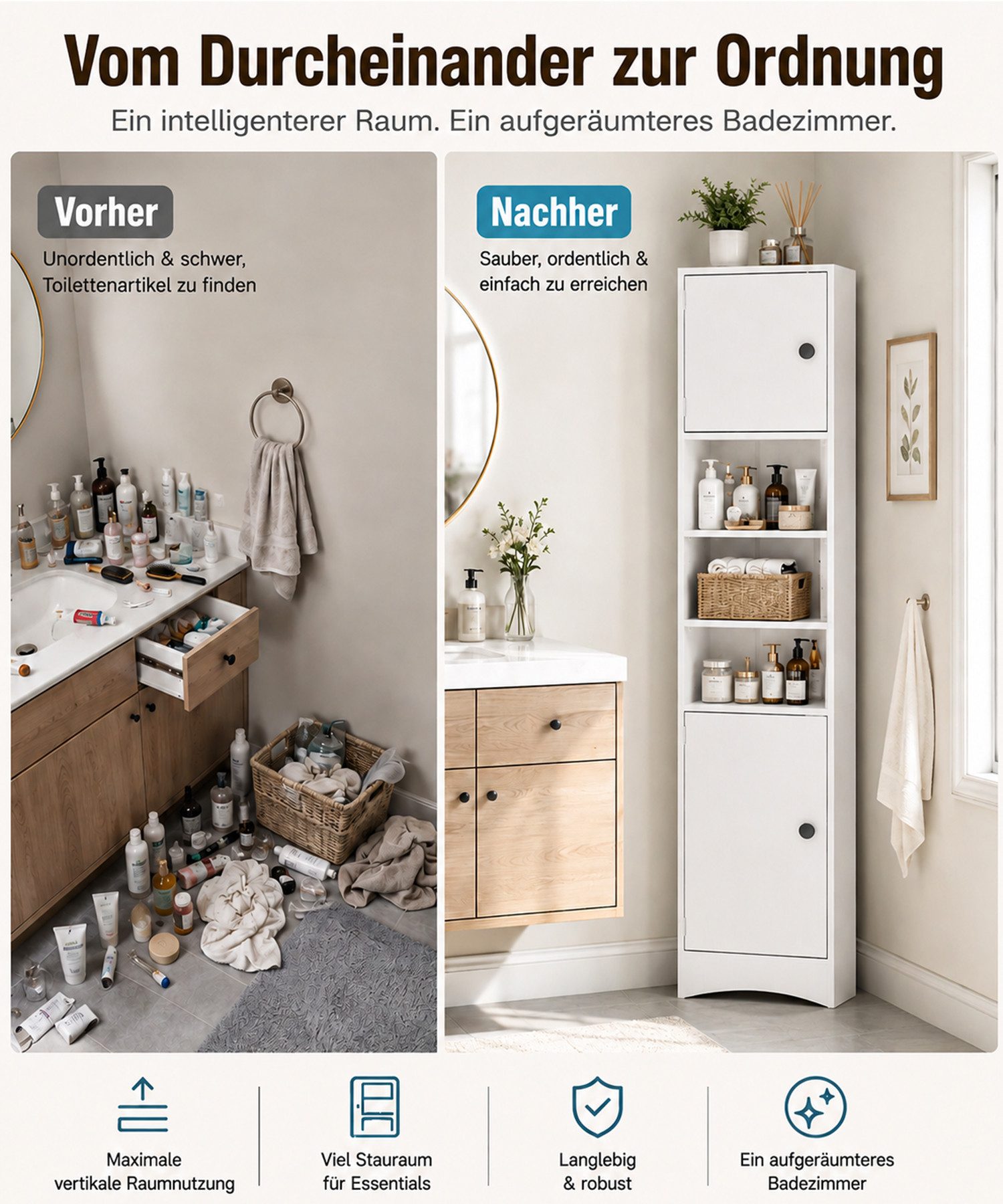 Yorbay Eckschrank 170 cm Badezimmerschrank, mit 2 Türen & 3 offenen Fächern, weiß Platzsparend Hochschrank für Ecke, verstellbaren Einlegeböden – Bild 5 von 5