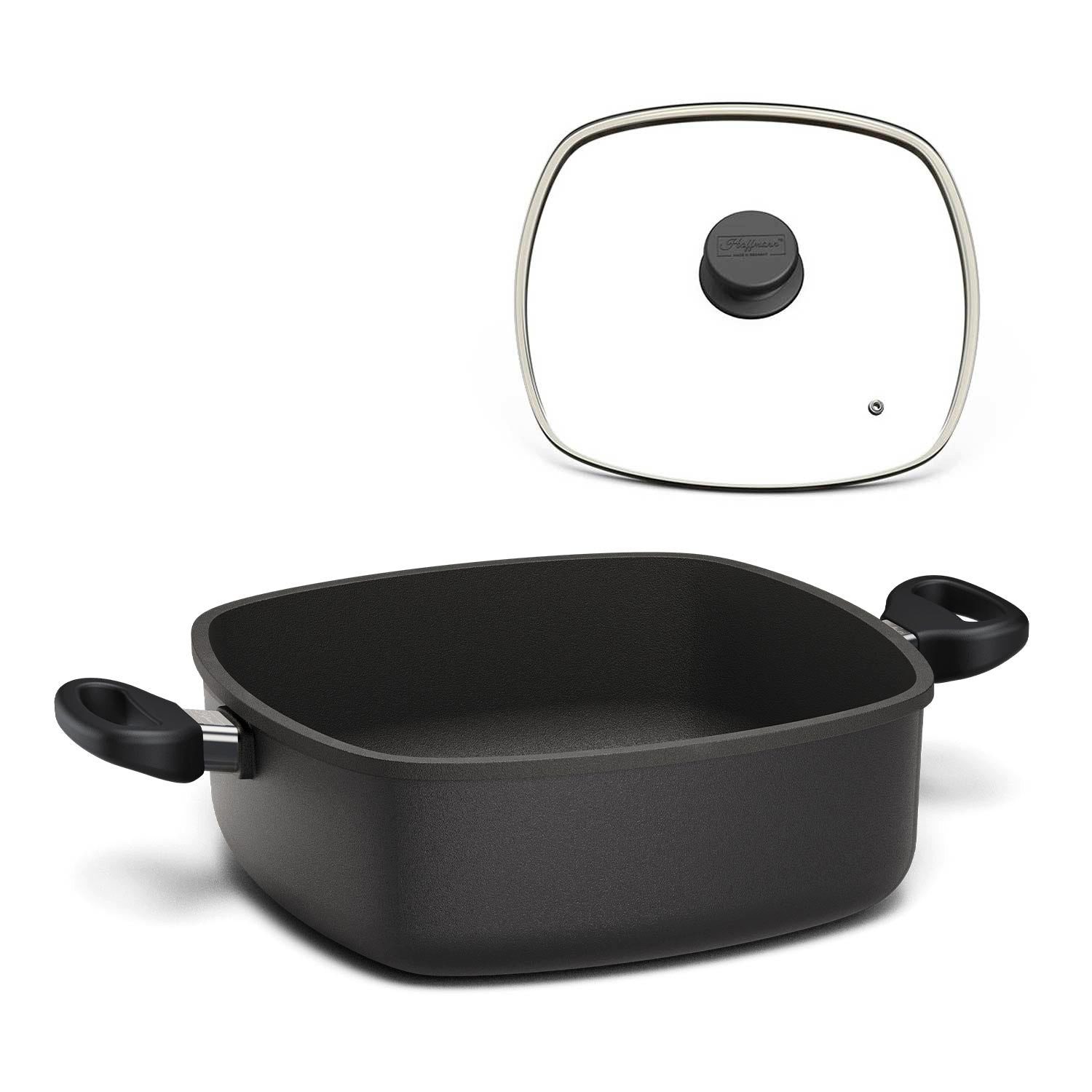 Hoffmann Germany Bräter STONIQ eckig 28×28 cm IQ-SHIELD PFAS-frei – Made in Germany, Aluguss (Set, 2-tlg., 1x Bräter eckig 28x28 cm + 1x Glasdeckel), Seitengriffe, IQ-SHIELD Antihaft, eckig, 4,7 l, Induktion