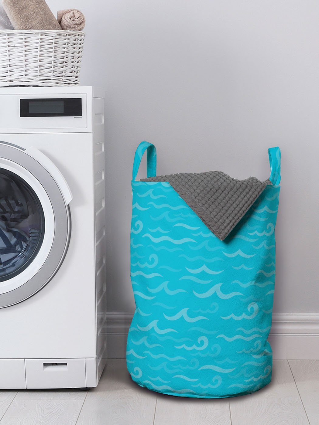 Abakuhaus Wäschesäckchen Wäschekorb mit Griffen Blau Nautical Sea für Kordelzugverschluss Waschsalons, Simplistic Waves