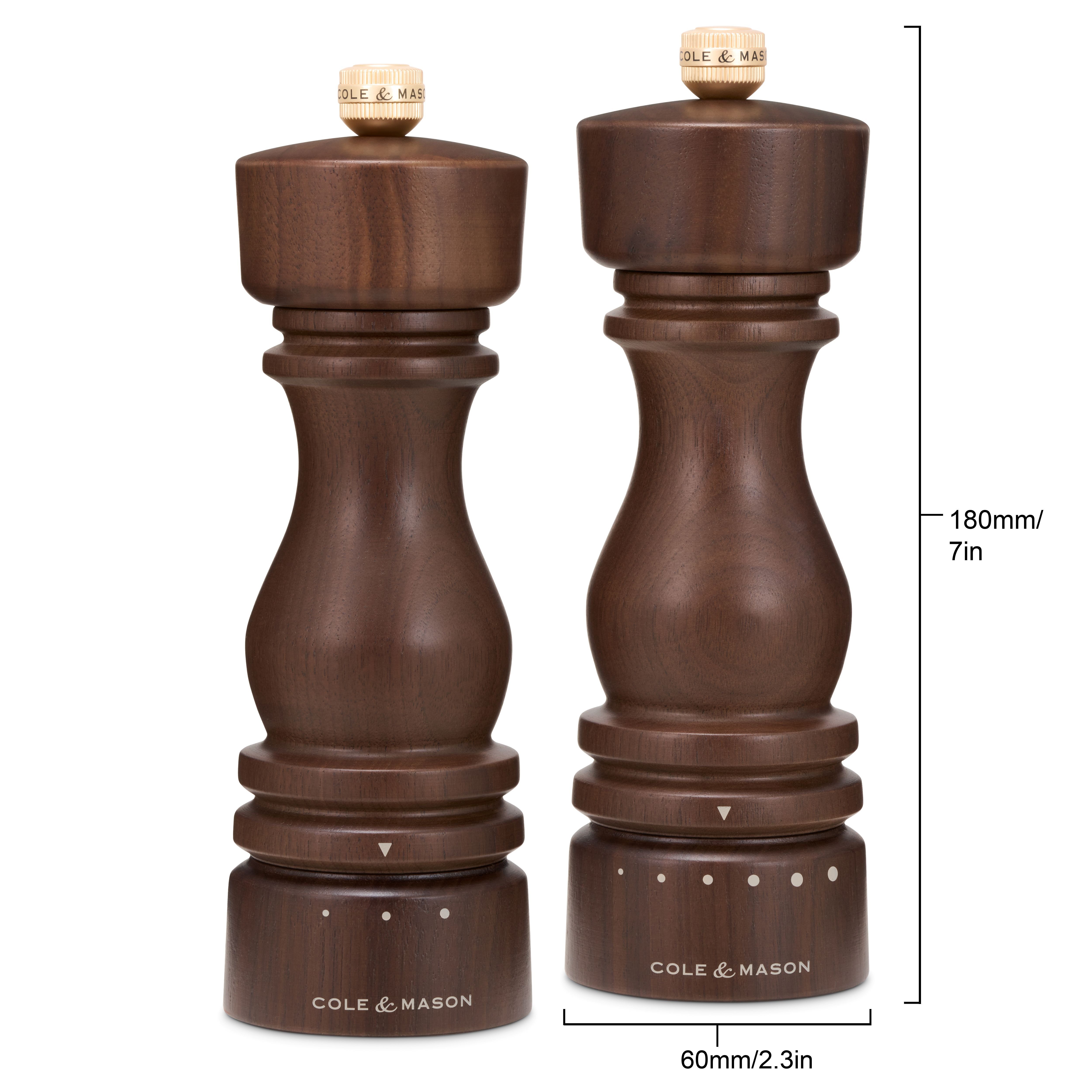 Cole & Mason Salz-/Pfeffermühle London Grind Select, Gehäuse aus edlem Walnußholz, Mahlwerk aus Keramik und Karbonstahl