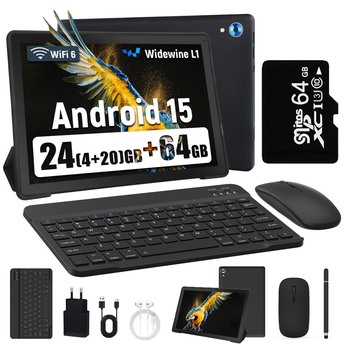 Happybe 10,1 Zoll Android 15, 4GB RAM 128GB mit Tastatur Maus Stylus Hülle Set Tablet (10", 128 GB, Android, WiFi 6, Android 15, 1280×800 HD mit Blaulichtfilter für HD-Streaming)