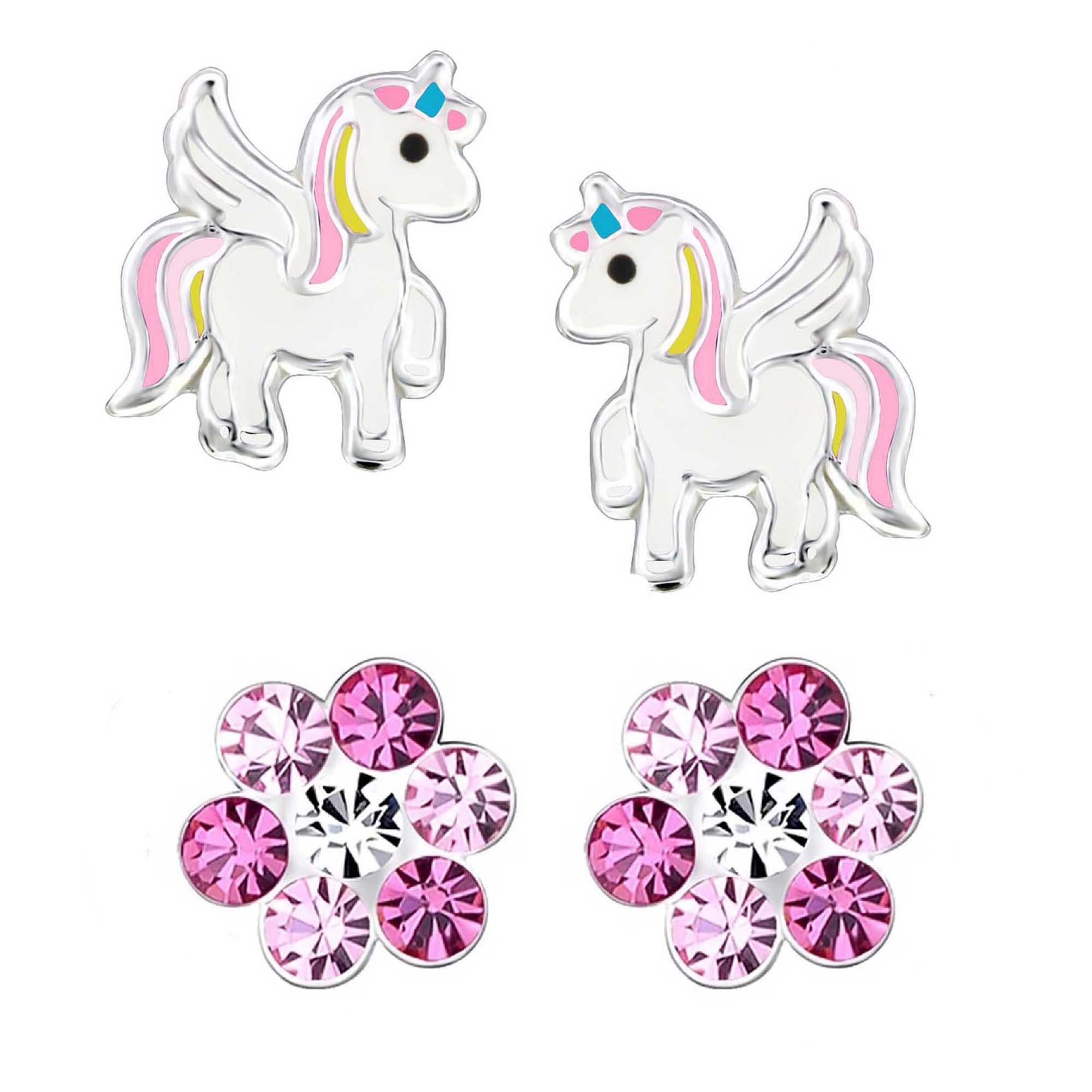 schmuck23 Ohrstecker-Set Kinder Ohrringe Einhorn Blume echt 925 Silber (Set), Set, 2 Paar Ohrstecker, Mädchen