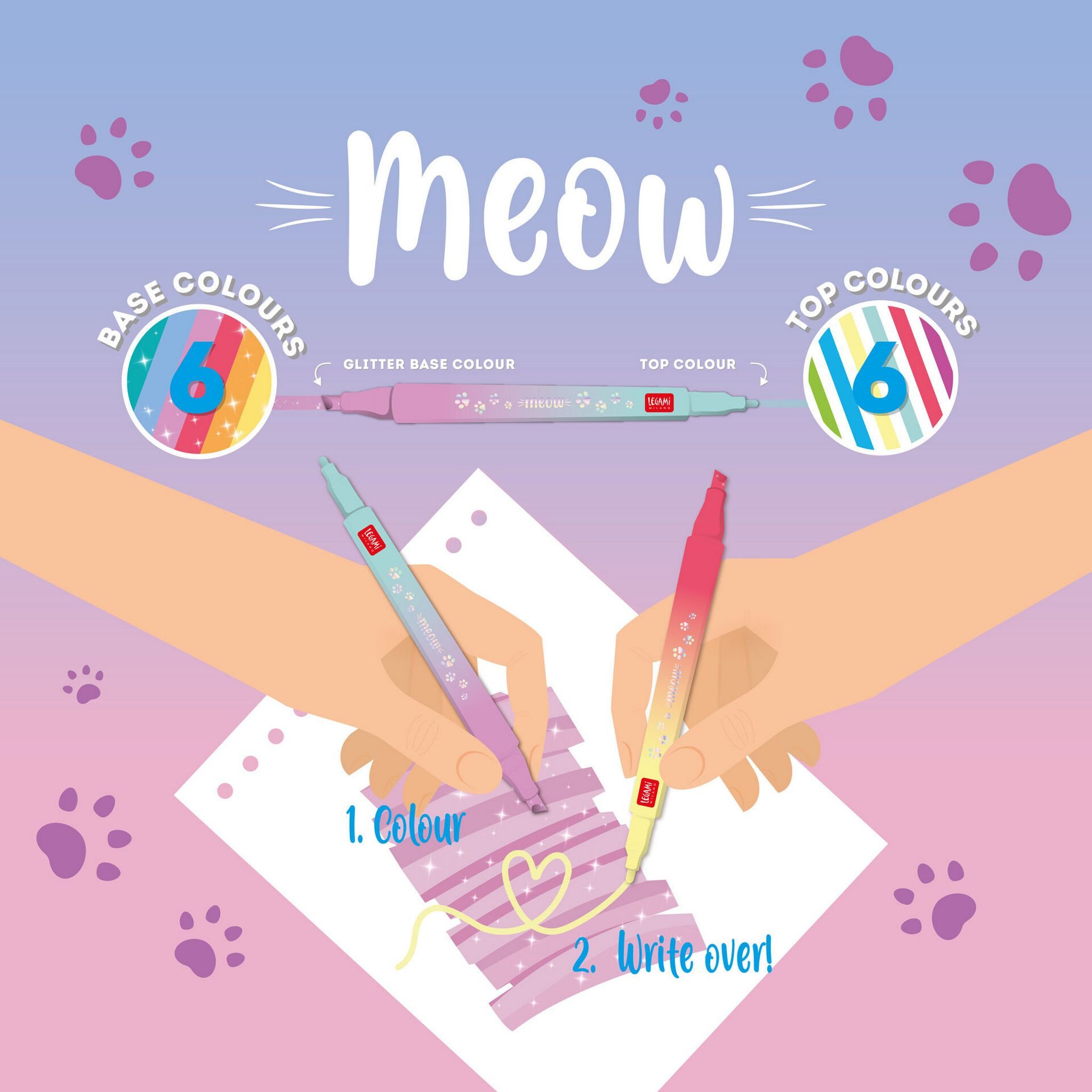 Legami Filzstift Legami COH0001 MEOW Set aus 6 Textmarkern mit Doppelspitze, (6 Stifte)