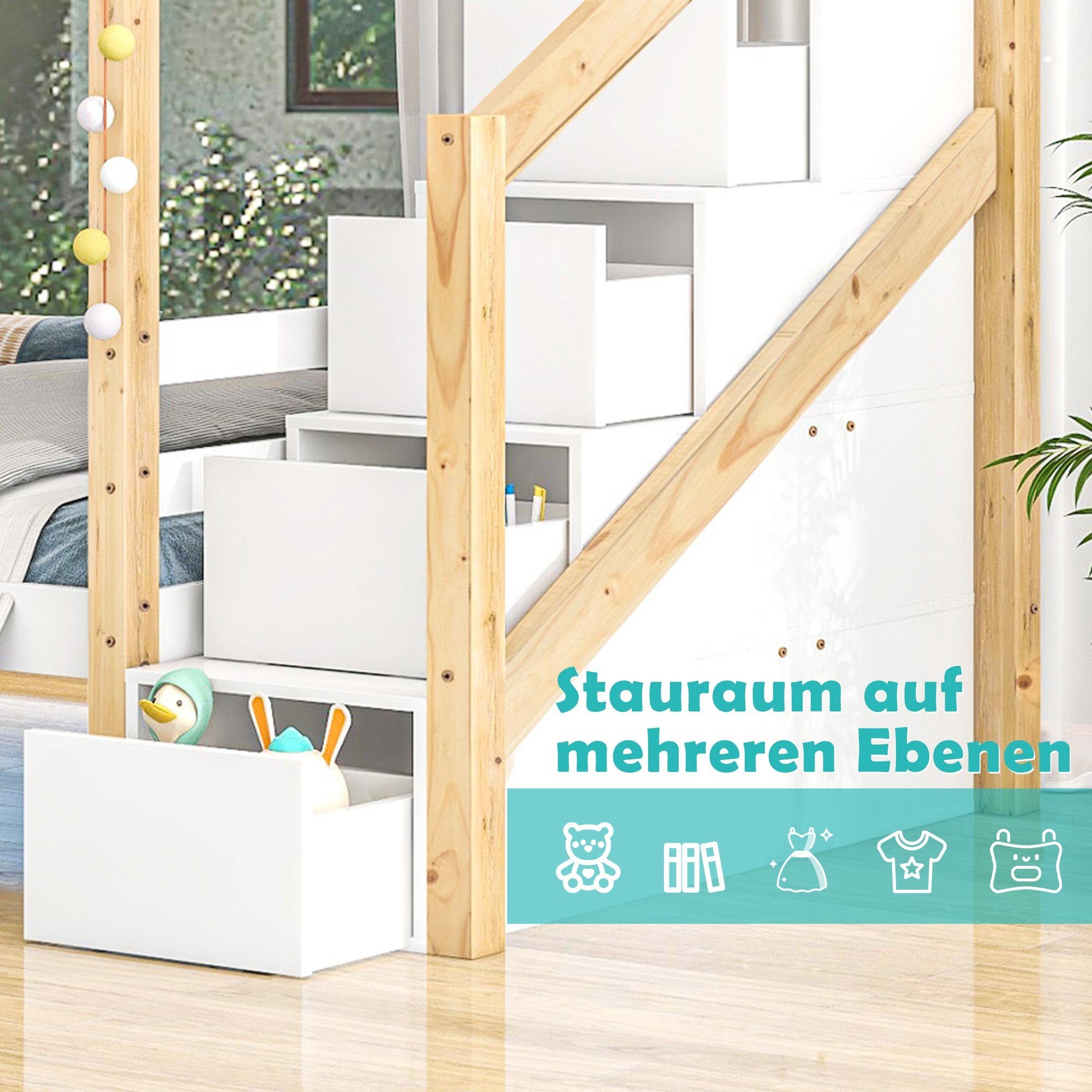 Etagenbett, mit Lattenrost und 4 Schubladen, Kiefernholz, 90x200 cm